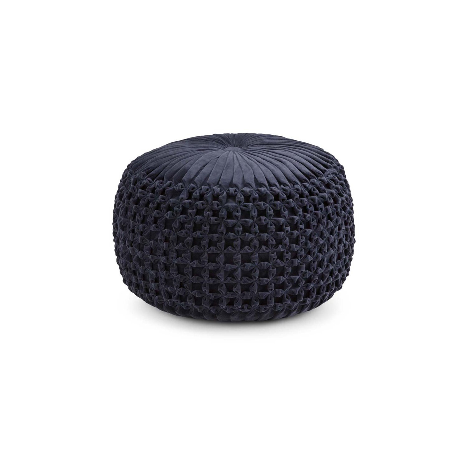 Trent Home Boho Round Pouf in Navy Velvet Fabric