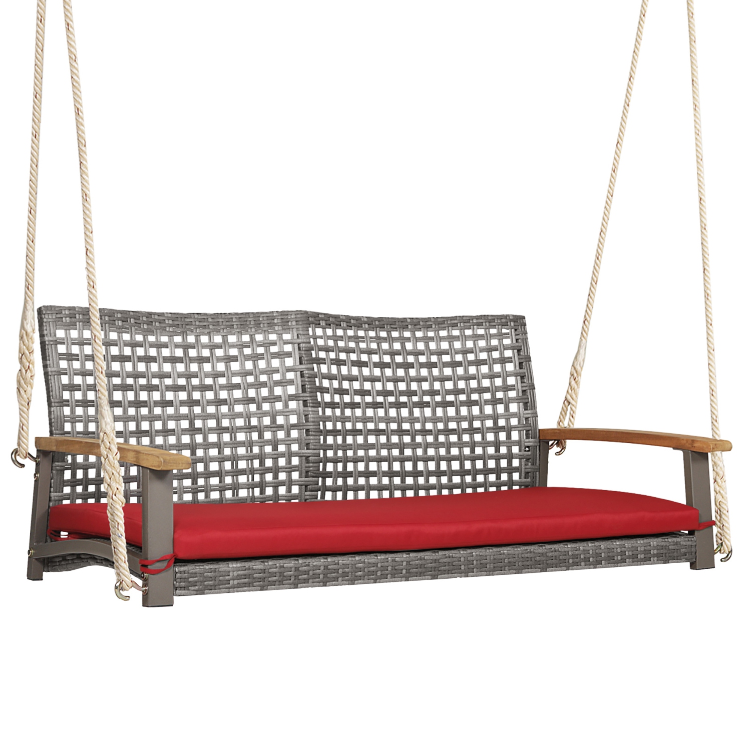 Costway 2-Person Patio Wicker Hanging Swing Chair Loveseat Cushion Porch