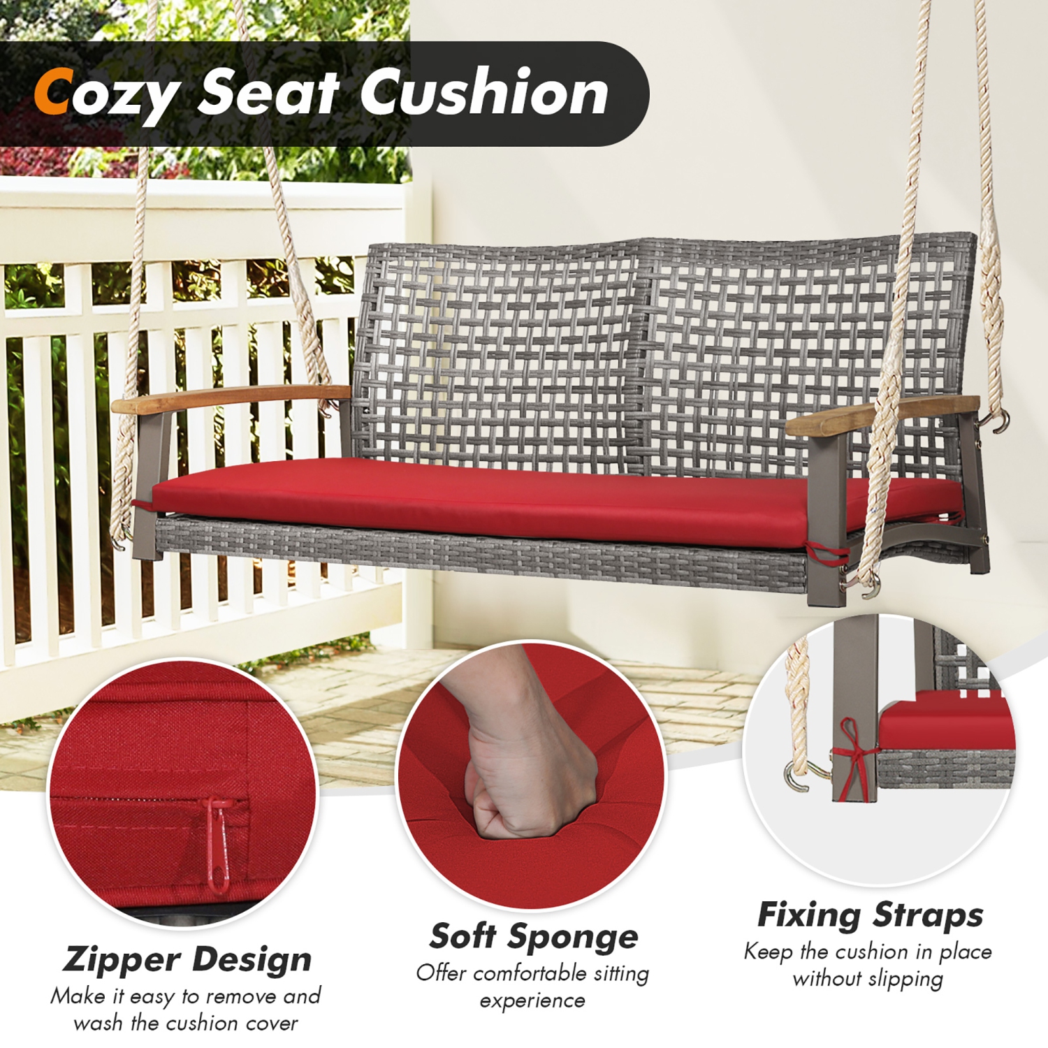 Costway 2-Person Patio Wicker Hanging Swing Chair Loveseat Cushion Porch
