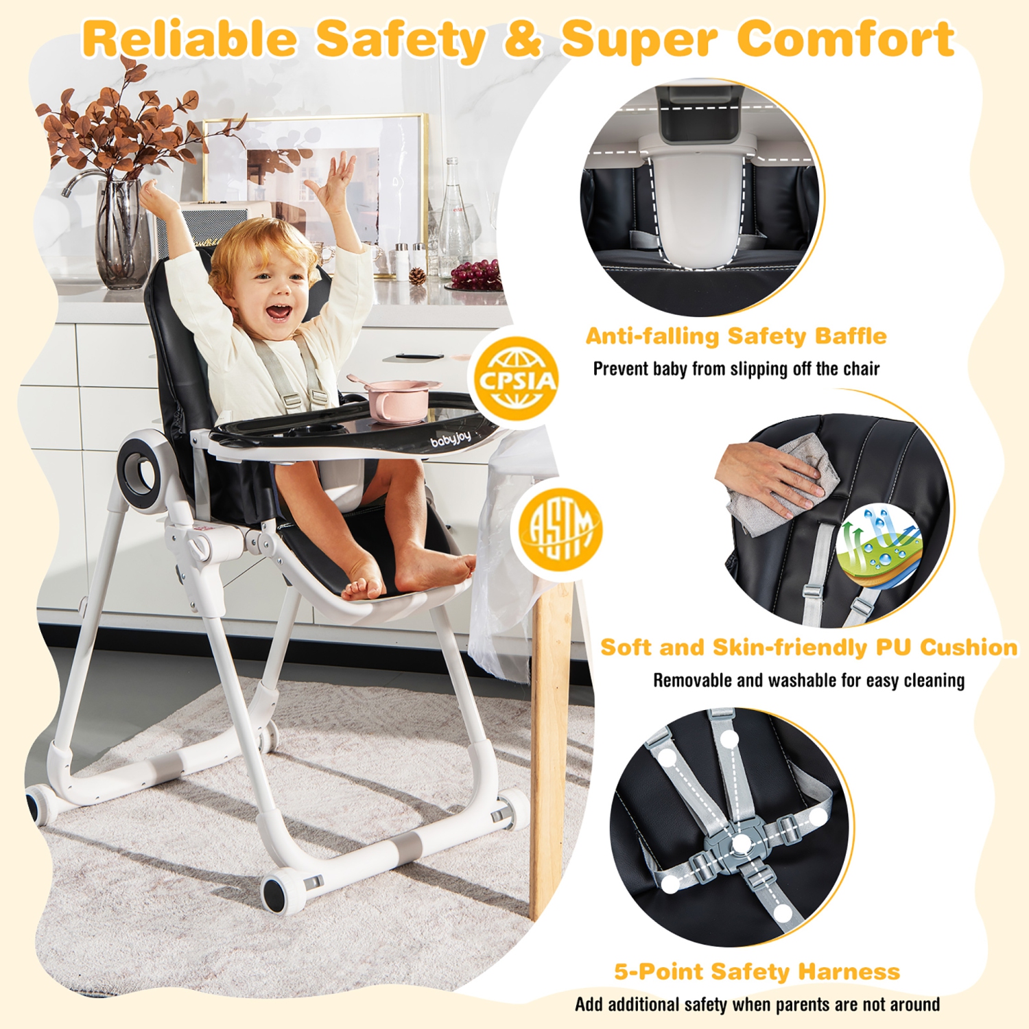 Chaise haute pliable pour repas de Babyjoy Baby avec 4 roulettes verrouillables, rose/noir/coloré/vert