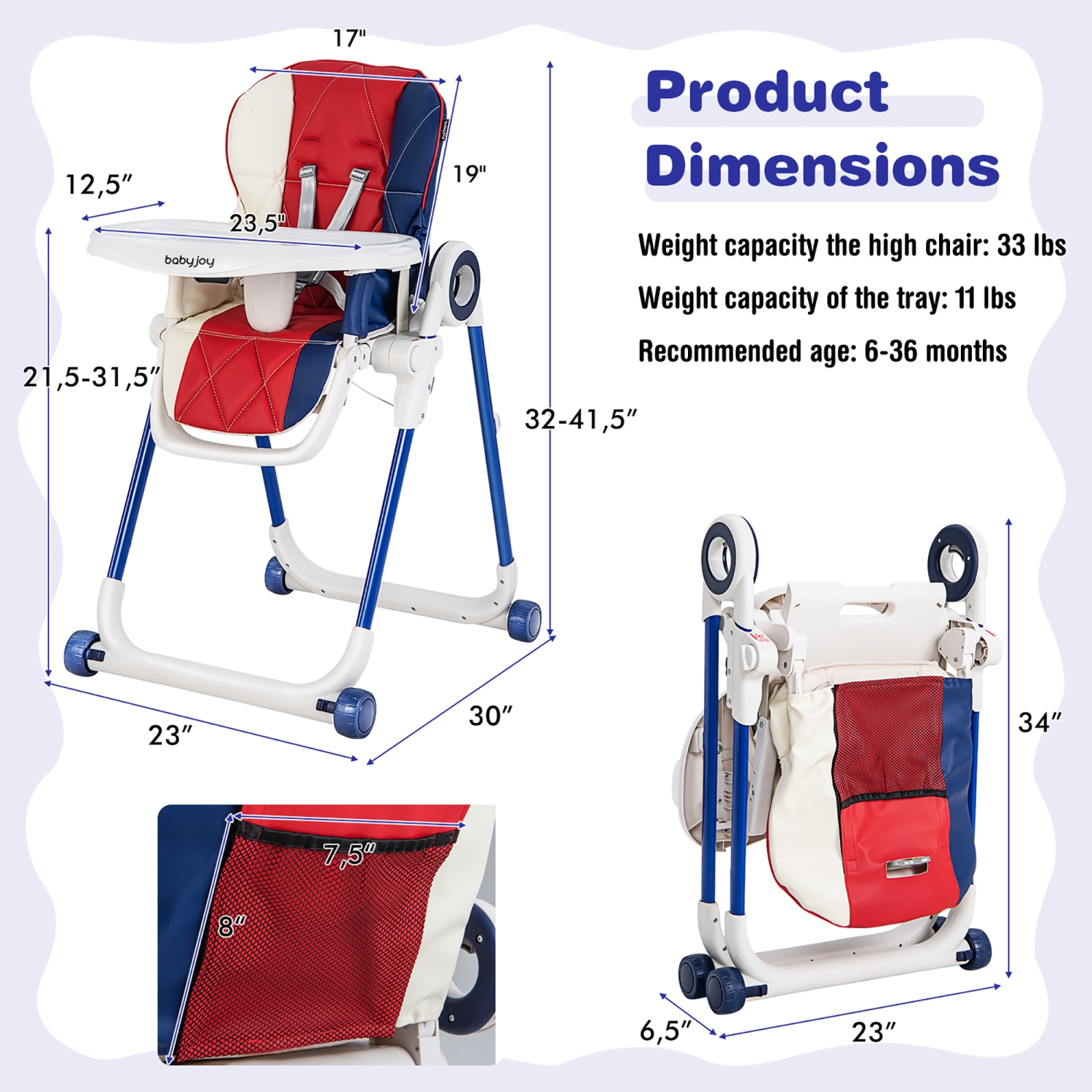 Babyjoy Baby High Chair Foldable Feeding Chair w/ 4 Lockable Wheels Pink\Black\Colorful\Green