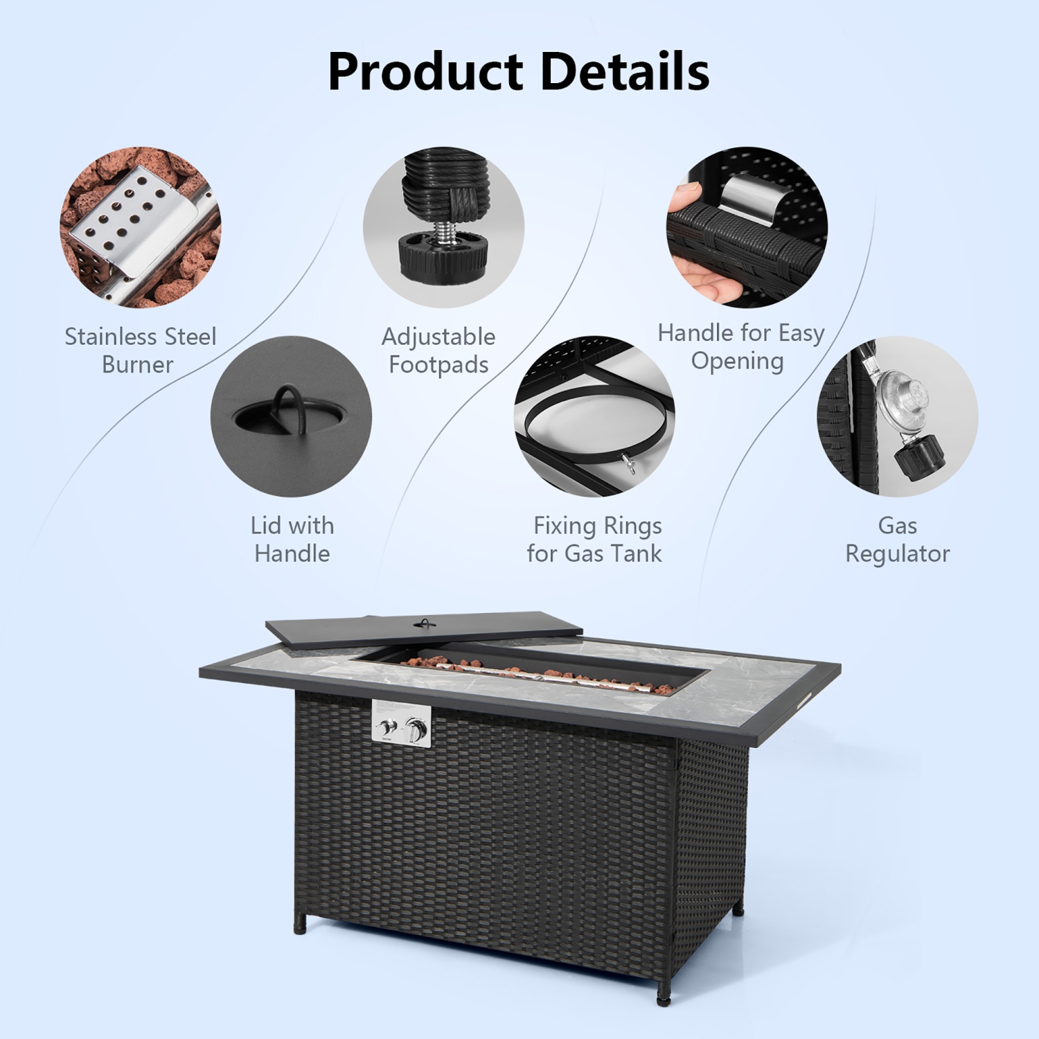 Table à foyer au propane 52 po de Costway, surface marbre rotin, osier, housse imperméable, pierres de lave