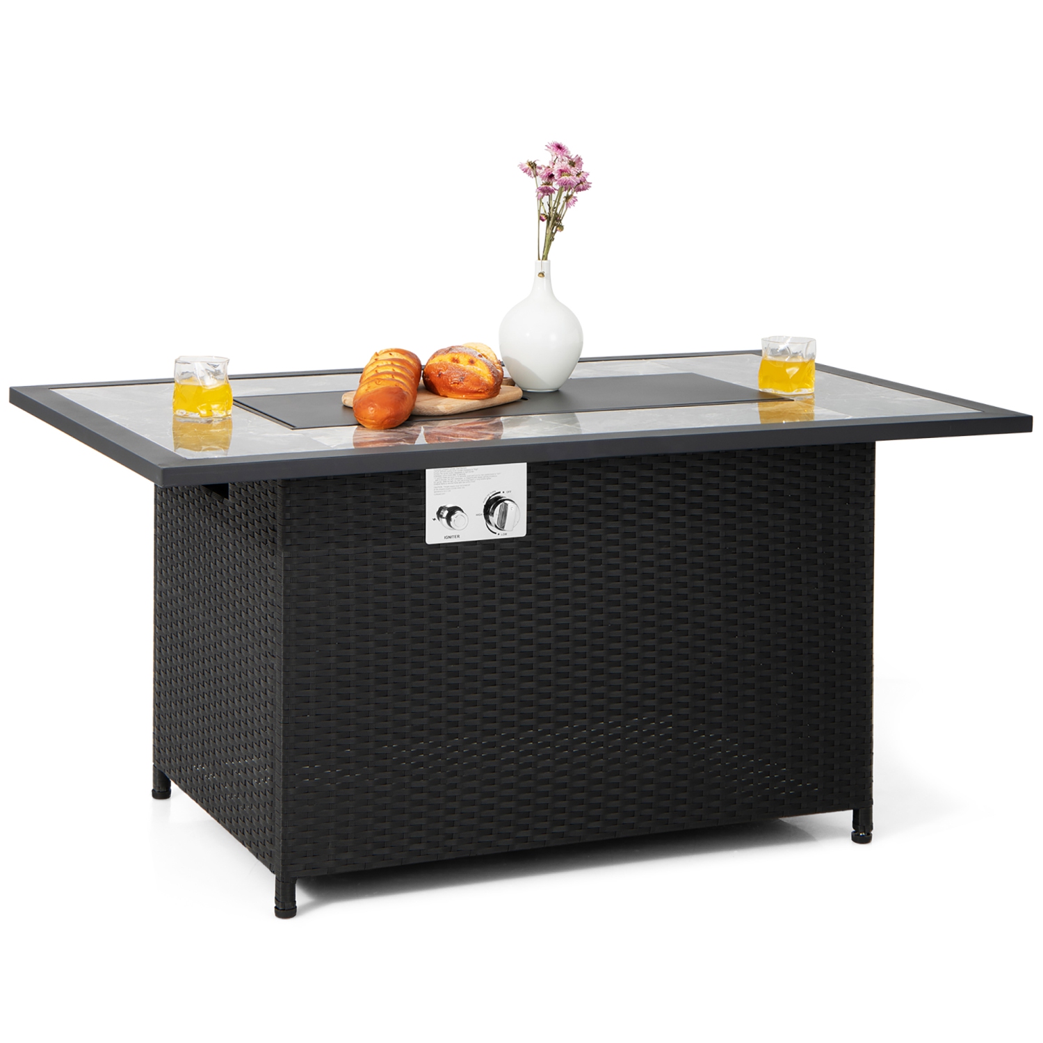 Table à foyer au propane 52 po de Costway, surface marbre rotin, osier, housse imperméable, pierres de lave