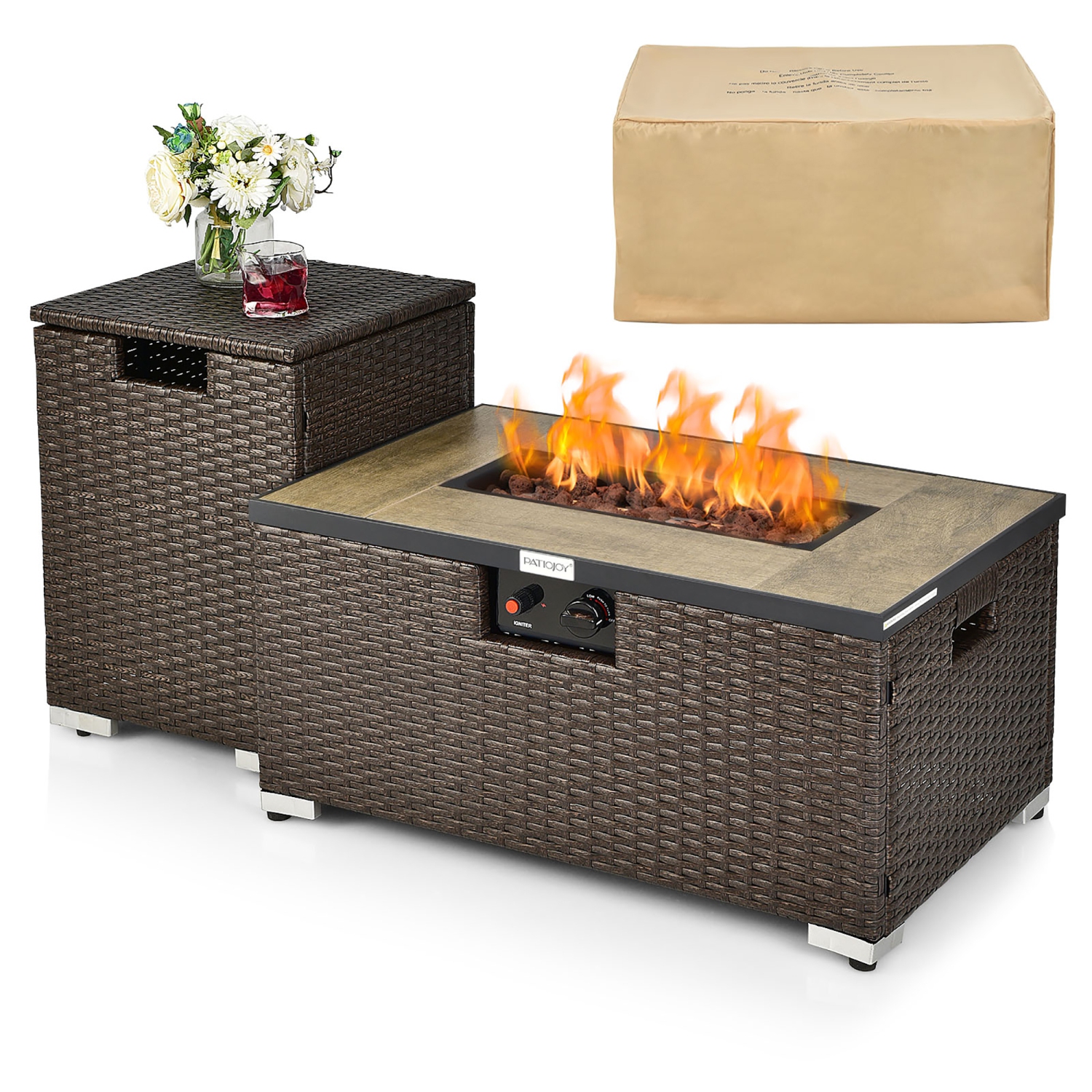 Costway 32"x 20" Propane Rattan Fire Pit Table Set with Side Table Tank & Cover 40,000 BTU