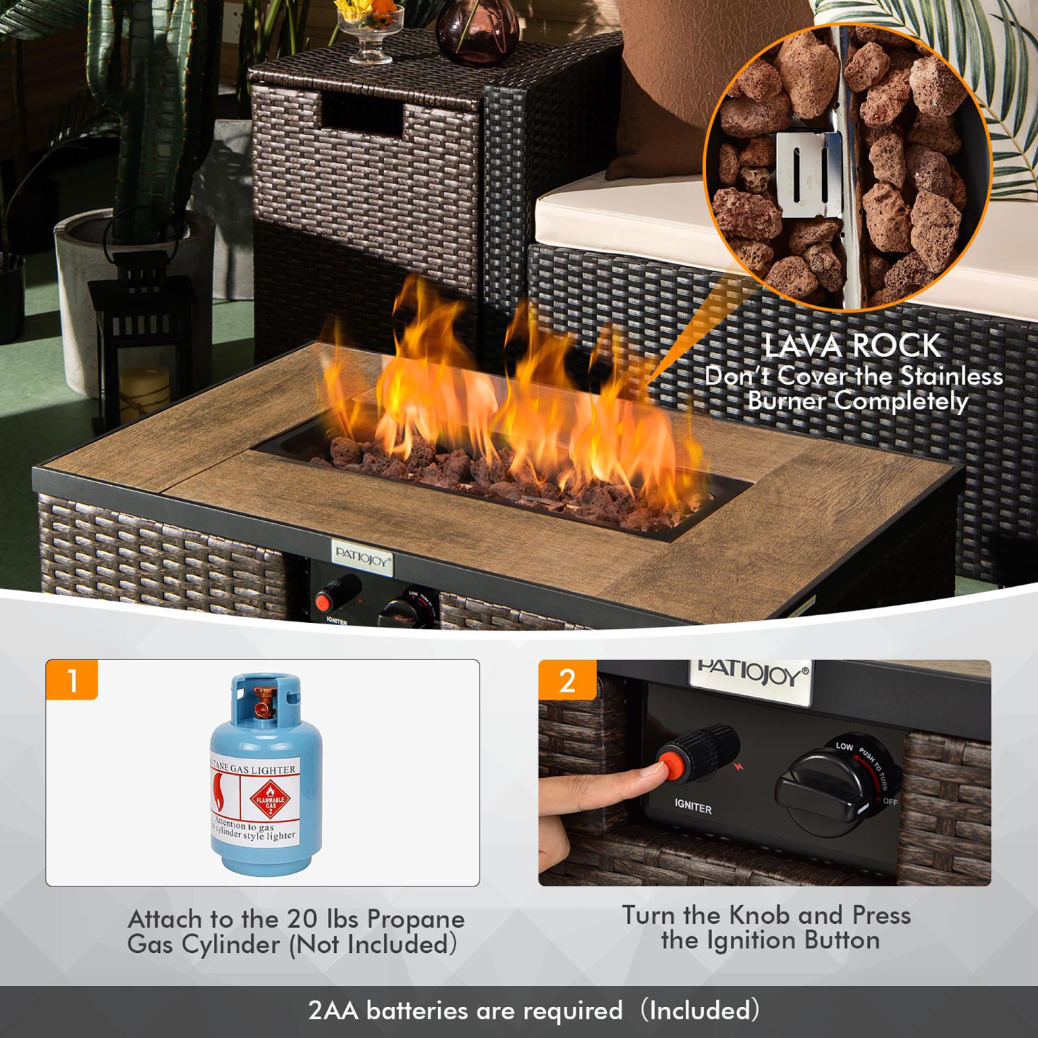 Costway 32"x 20" Propane Rattan Fire Pit Table Set with Side Table Tank & Cover 40,000 BTU