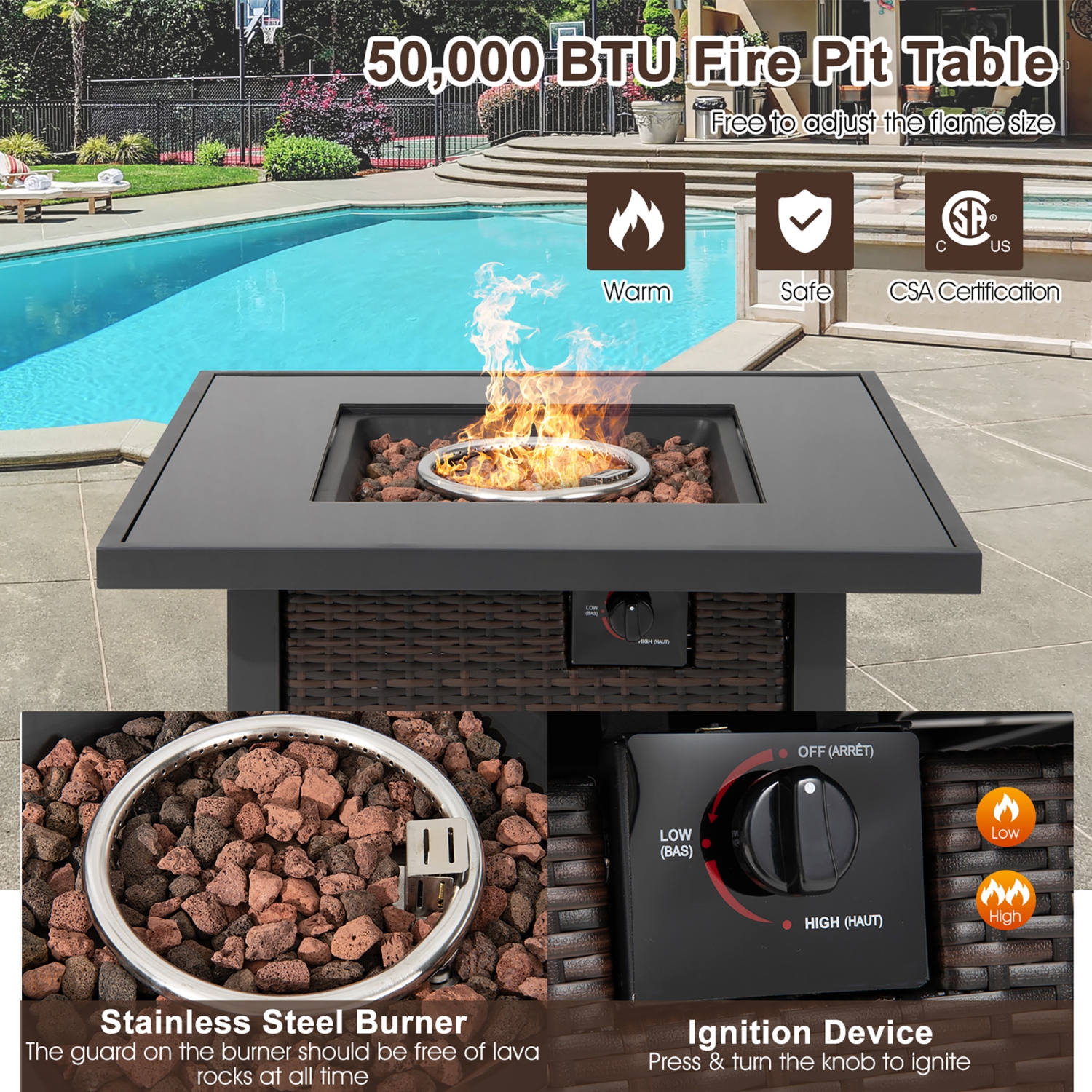 Costway 32" Propane Fire Pit Table 50,000 BTU Square Firepit Heater w/ Lava Rocks Cover