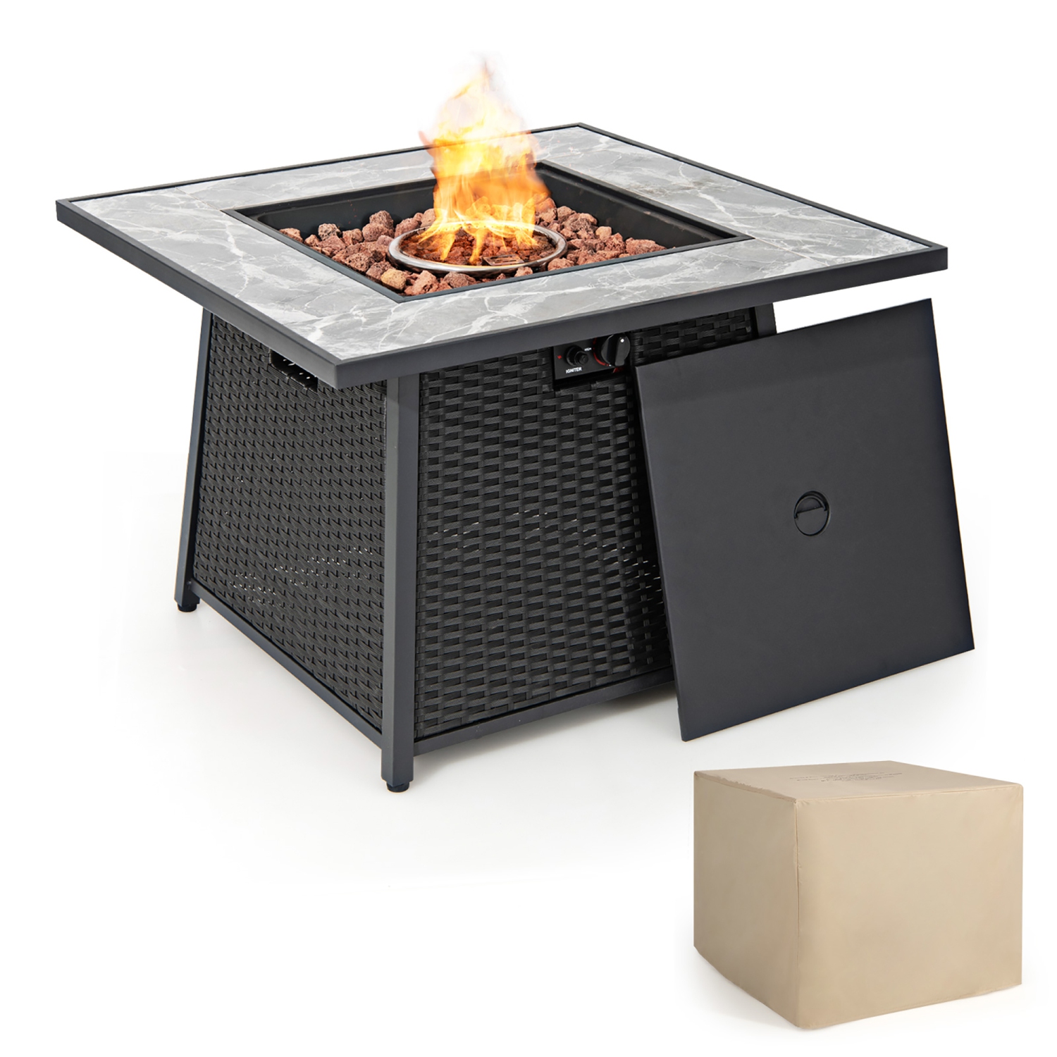 Costway 35" Propane Gas Fire Pit Table Patio PE Wicker Rattan w/ Lava Rocks PVC Cover