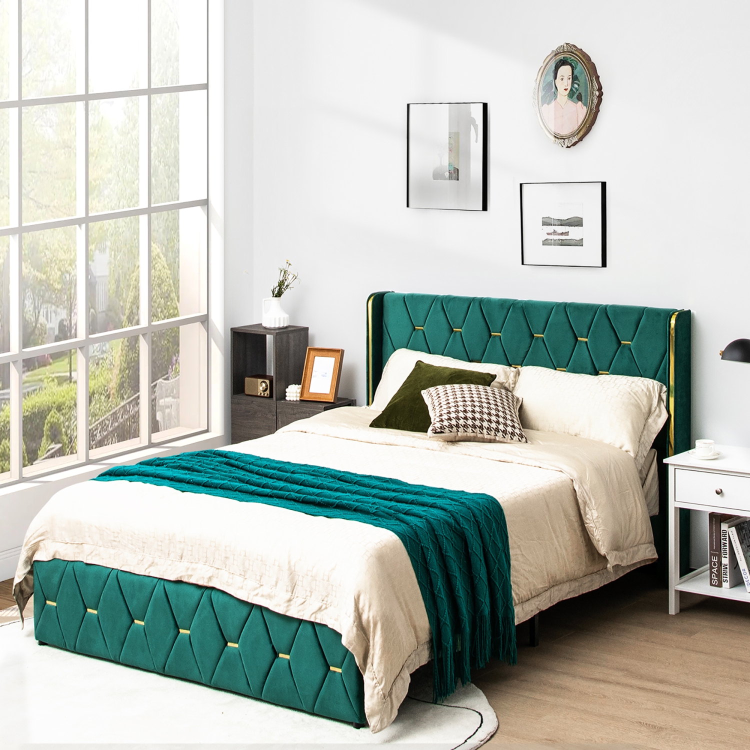 Costway Full/Queen Upholstered Platform Bed Frame Adjustable Headboard Footboard Modern Green