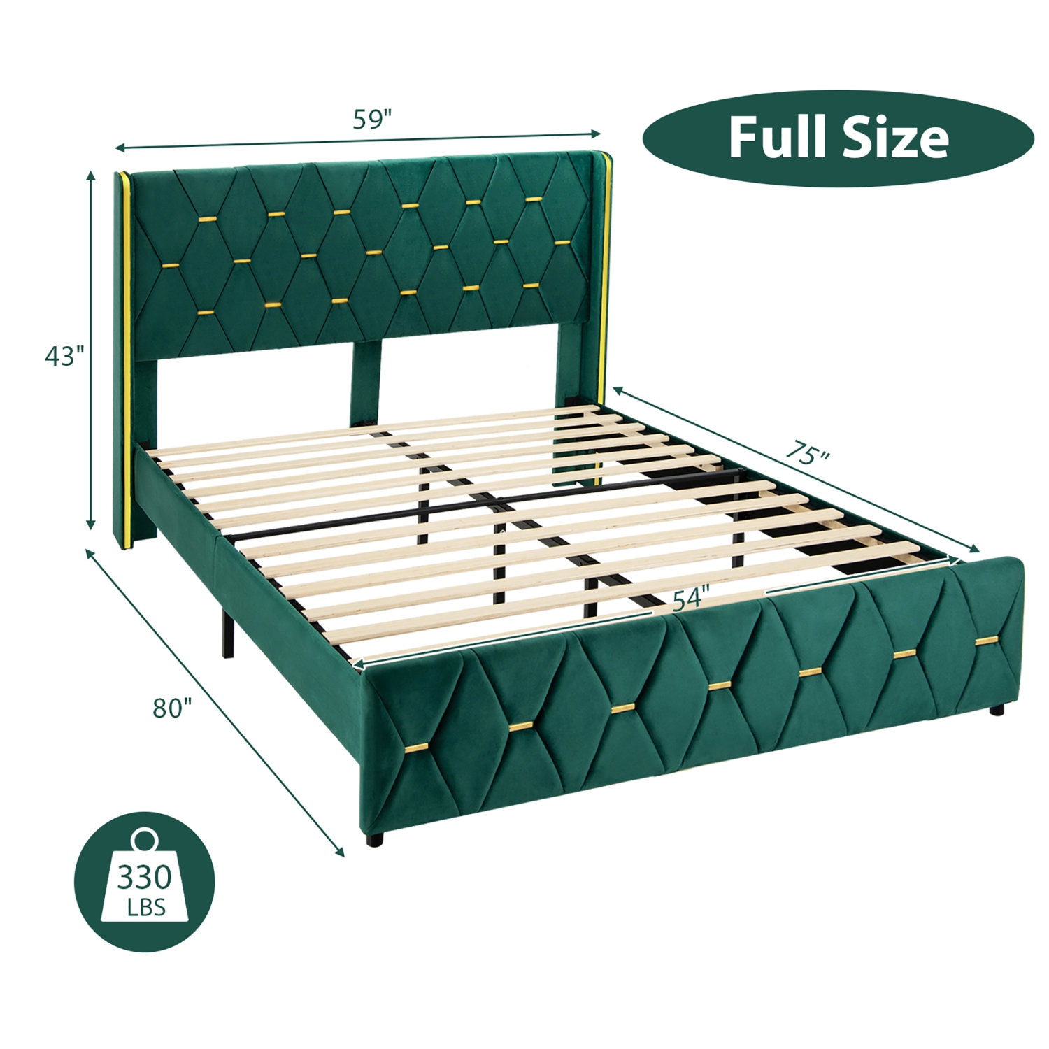Costway Full/Queen Upholstered Platform Bed Frame Adjustable Headboard Footboard Modern Green