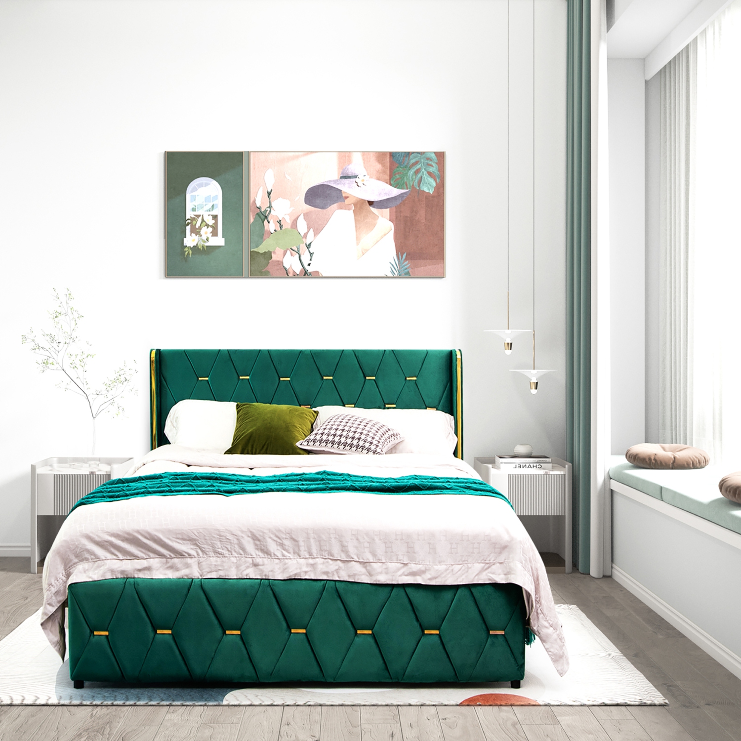 Costway Full/Queen Upholstered Platform Bed Frame Adjustable Headboard Footboard Modern Green