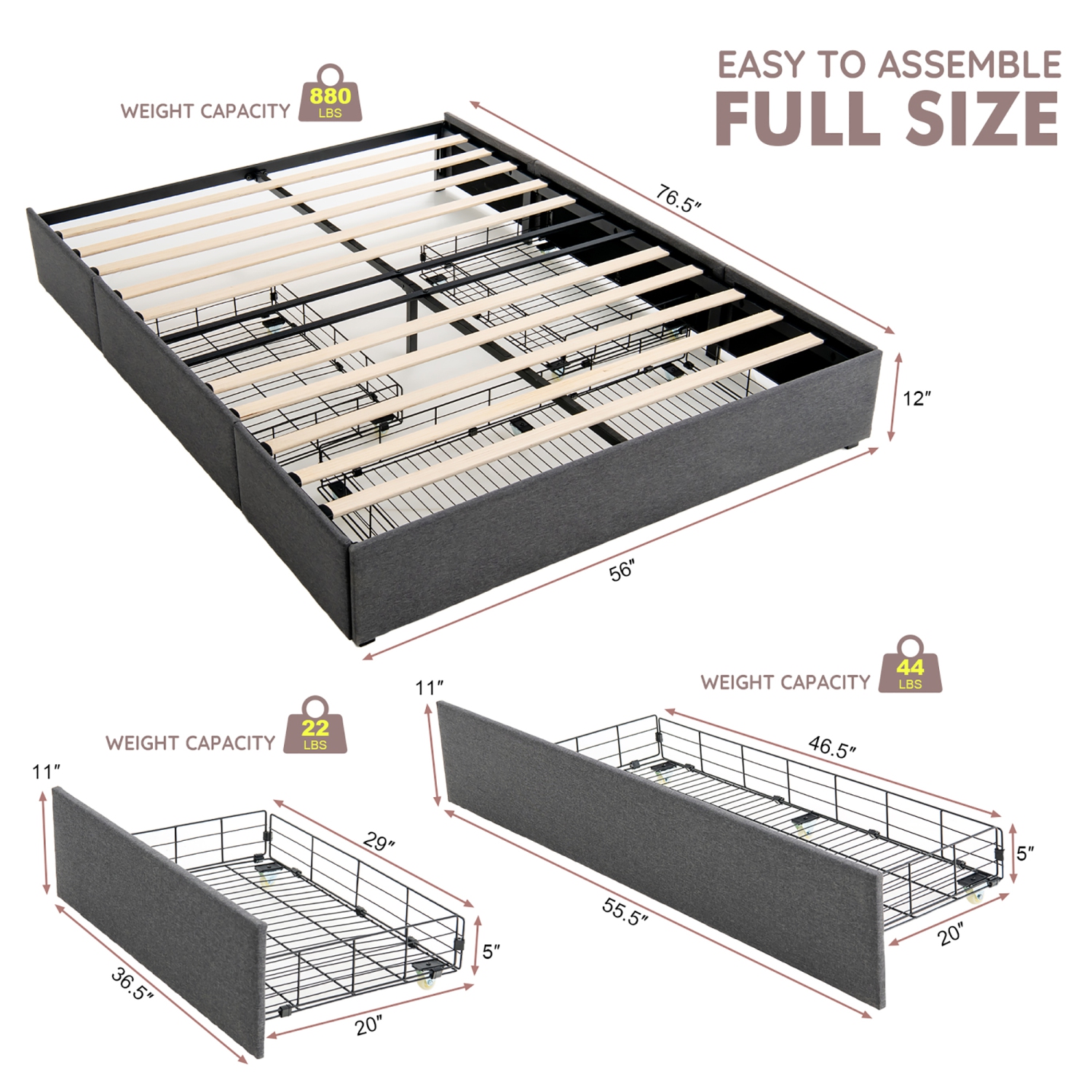 Costway Platform Bed Frame with 3 Storage Drawers - Double - Grey