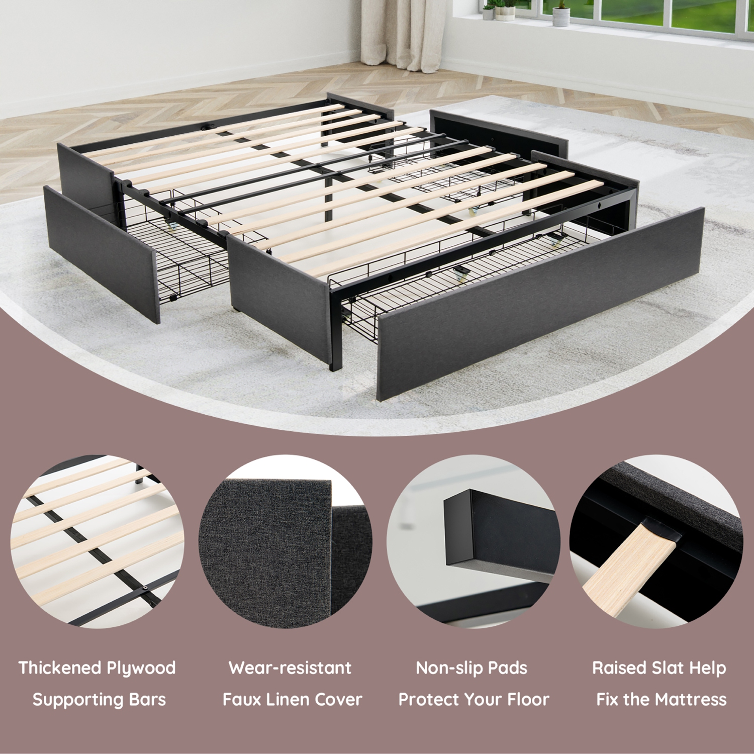 Costway Platform Bed Frame with 3 Storage Drawers - Double - Grey