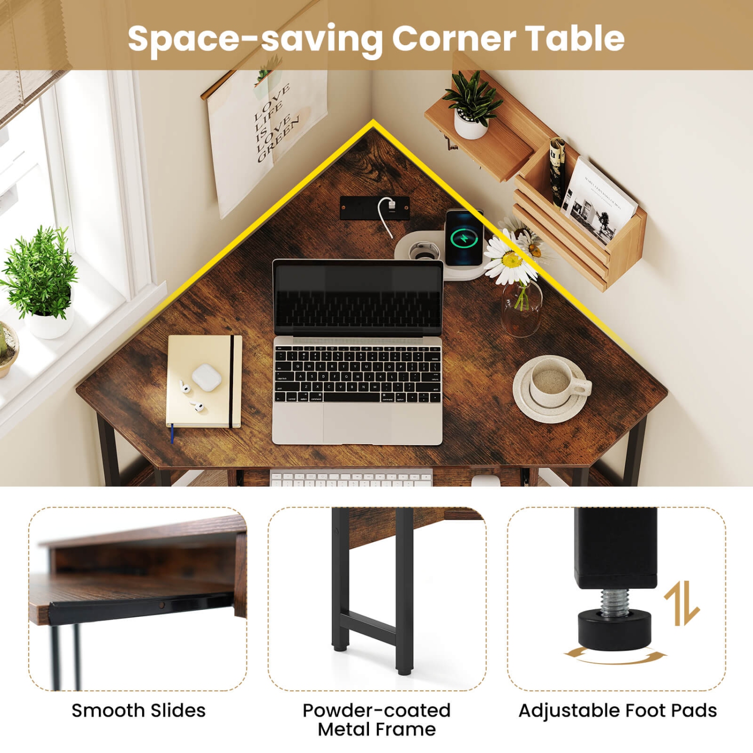 Costway Triangle Corner Computer Desk w/ Charging Station Keyboard Tray & Storage Shelf