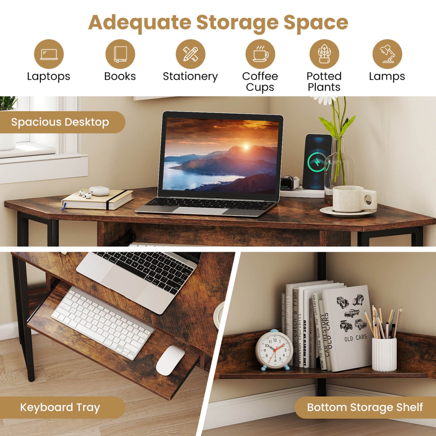 Costway Triangle Corner Computer Desk w/ Charging Station Keyboard Tray & Storage Shelf