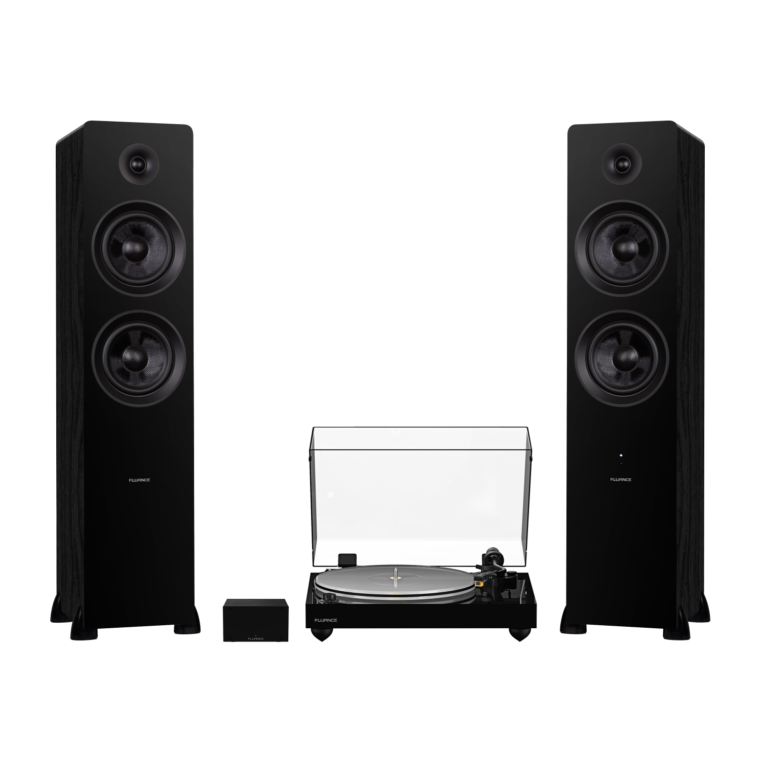 Tourne-disque haute fidélité RT85N Reference de Fluance, préamplificateur phono PA10 et haut-parleurs colonne amplifiés Ai81 Elite