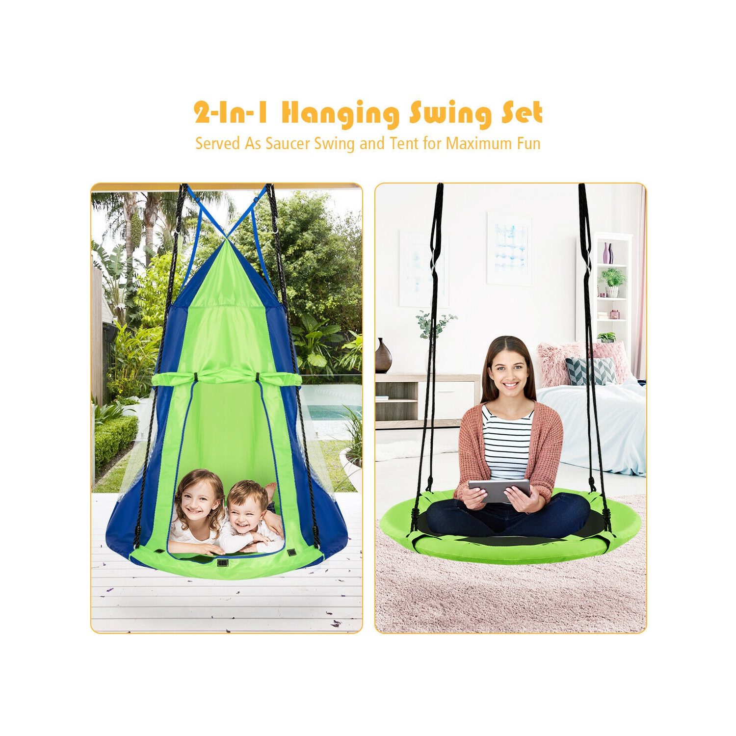 Gymax 40'' Kids Hanging Chair Swing Tent Set Hammock Nest Pod Seat