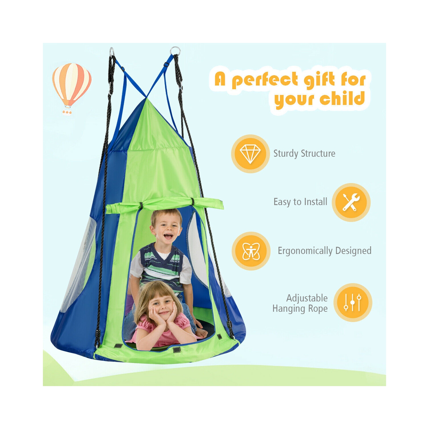 Gymax 40'' Kids Hanging Chair Swing Tent Set Hammock Nest Pod Seat