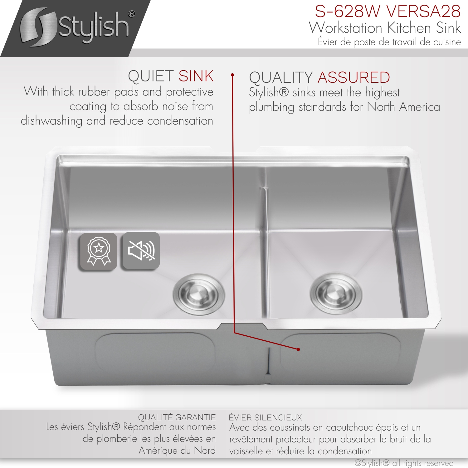 STYLISH 28 inch Workstation 60/40 Double Bowl Undermount 16 Gauge Stainless Steel Kitchen Sink with Accessories included