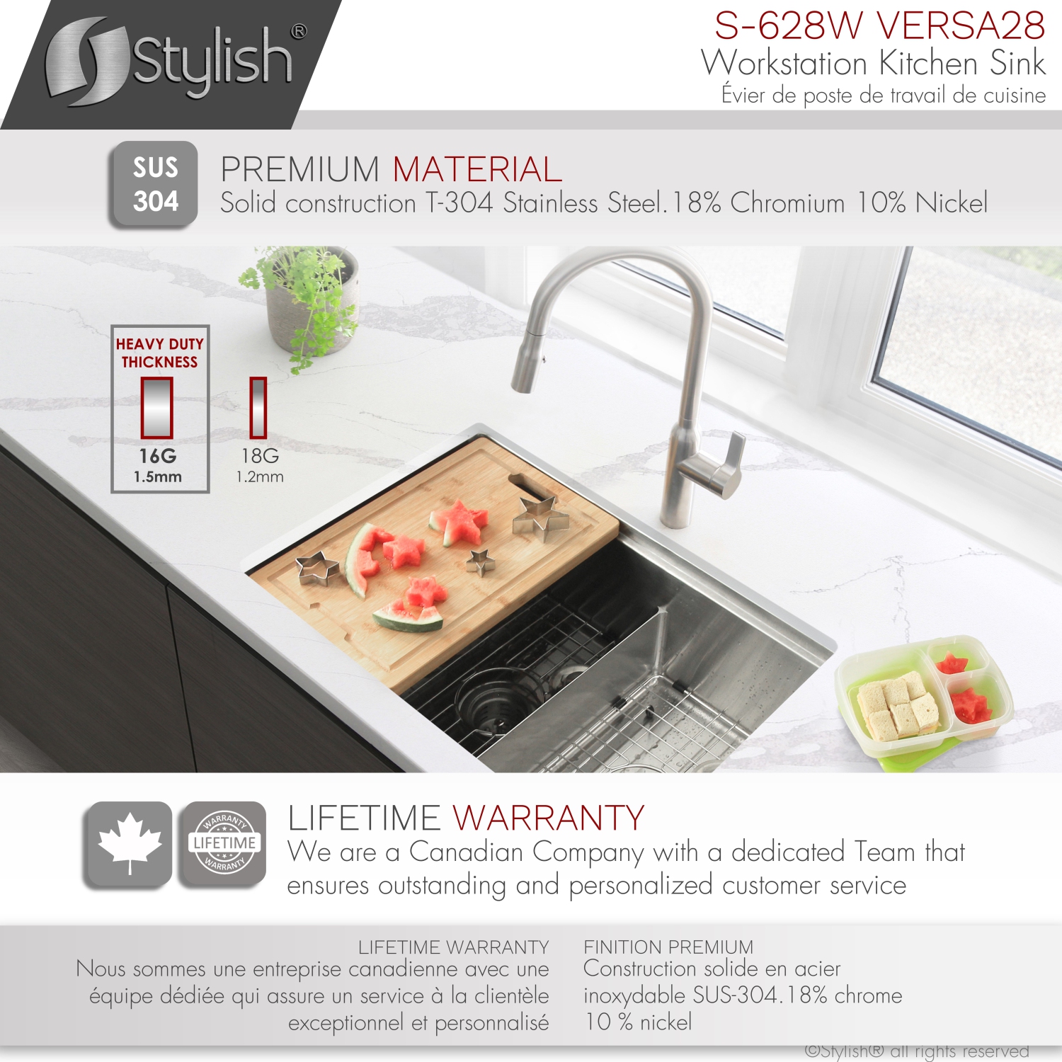 STYLISH 28 inch Workstation 60/40 Double Bowl Undermount 16 Gauge Stainless Steel Kitchen Sink with Accessories included