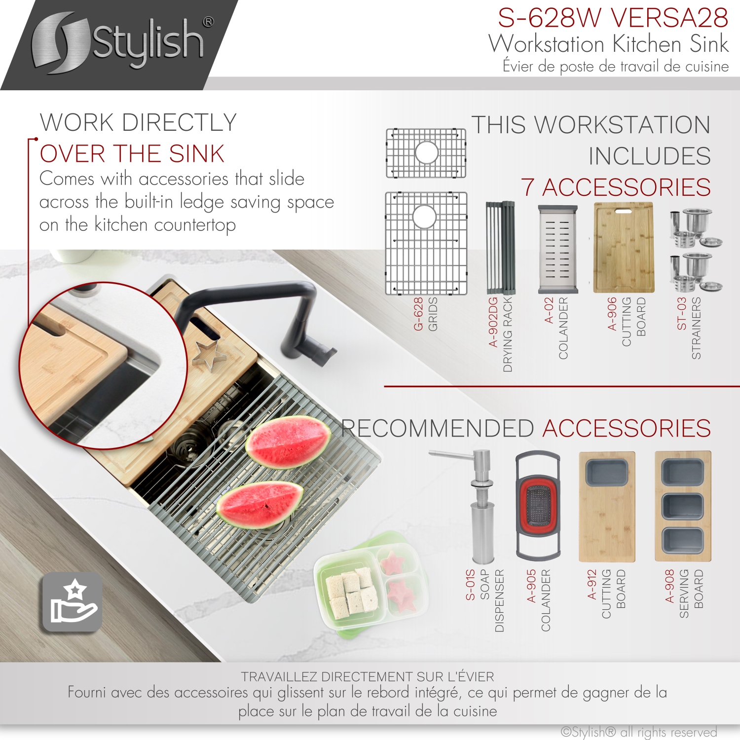 STYLISH 28 inch Workstation 60/40 Double Bowl Undermount 16 Gauge Stainless Steel Kitchen Sink with Accessories included