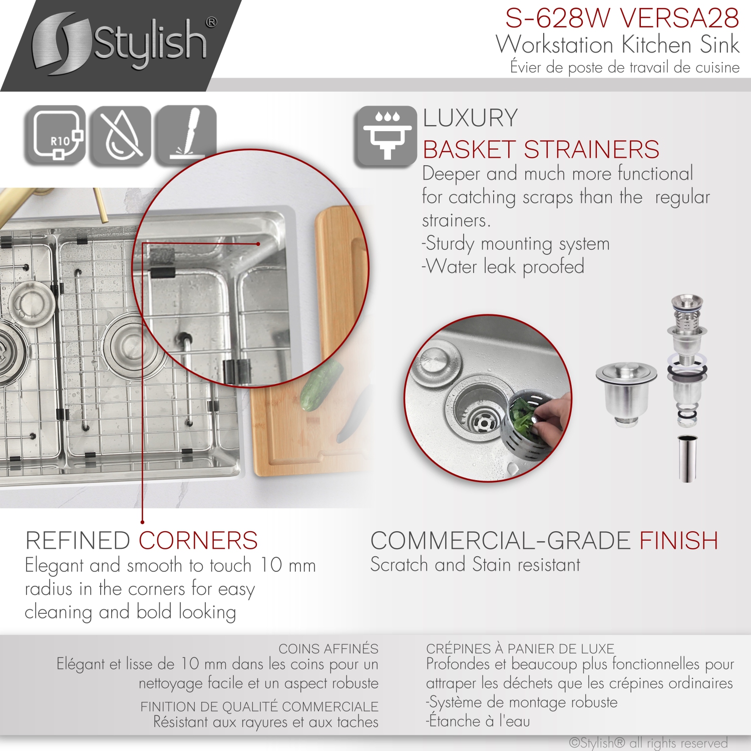 STYLISH 28 inch Workstation 60/40 Double Bowl Undermount 16 Gauge Stainless Steel Kitchen Sink with Accessories included