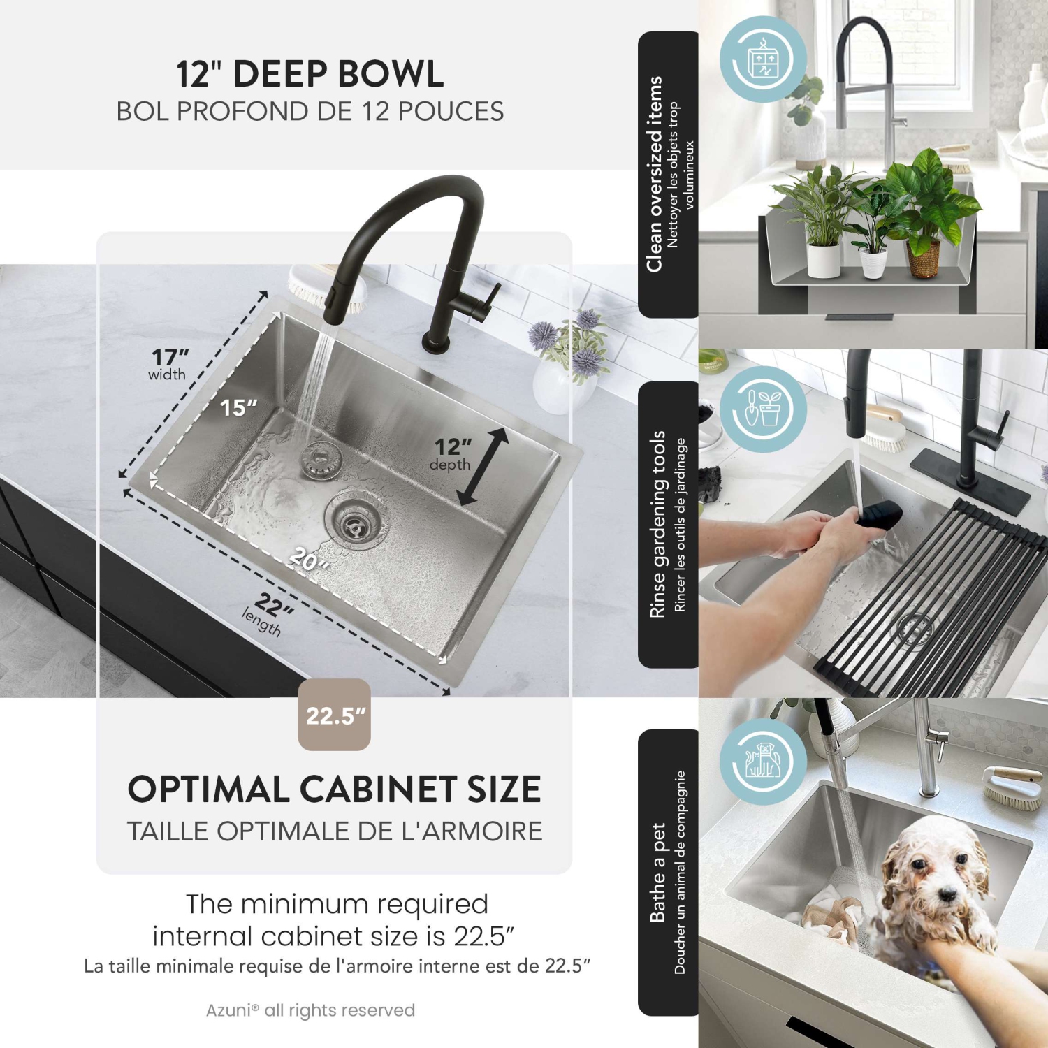 AZUNI Calais Dual Mount 22" Single-Bowl Stainless Steel Utility Laundry Sink C122