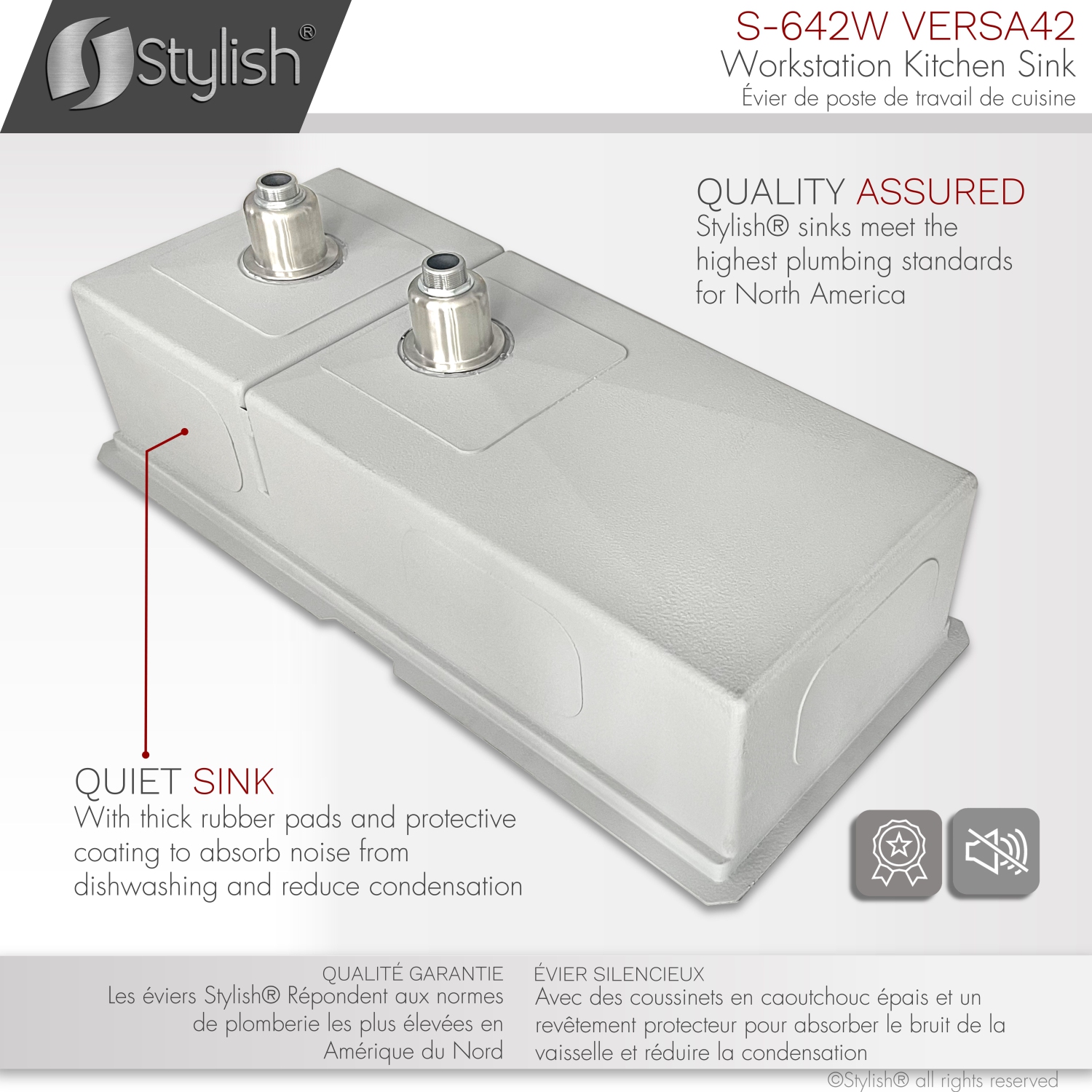 STYLISH 42 inch Workstation 70/30 Double Bowl Undermount 16 Gauge Stainless Steel Kitchen Sink with Accessories included