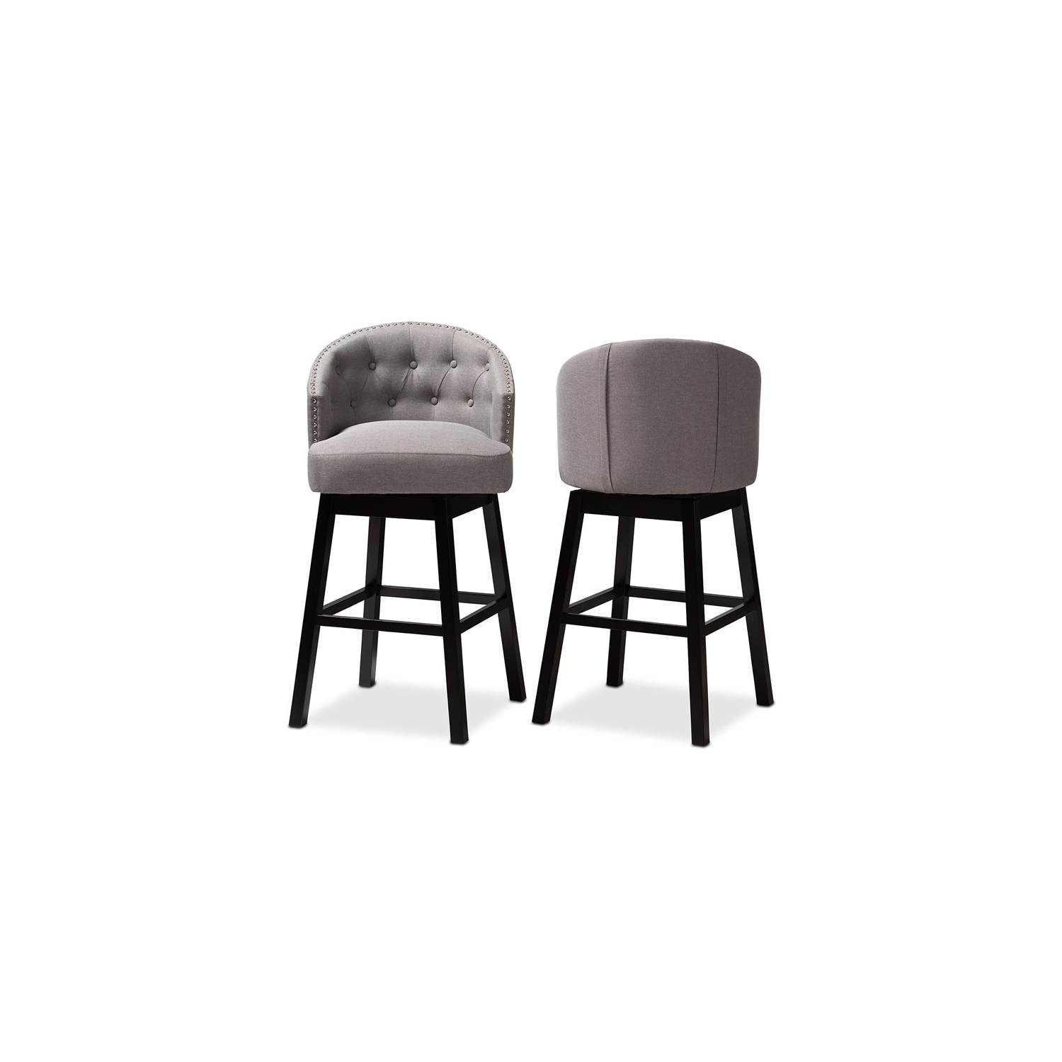 Baxton Studio Theron 30"H Upholstered Wood Swivel Bar Stool in Gray Set of 2