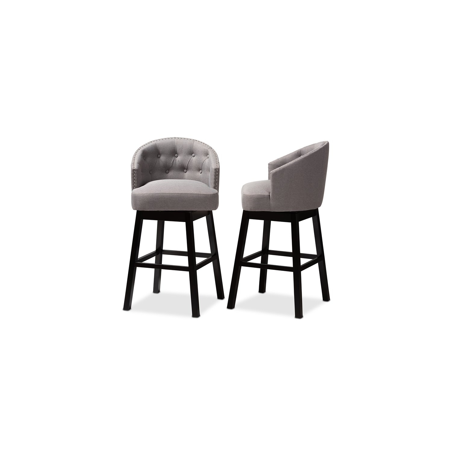 Baxton Studio Theron 30"H Upholstered Wood Swivel Bar Stool in Gray Set of 2