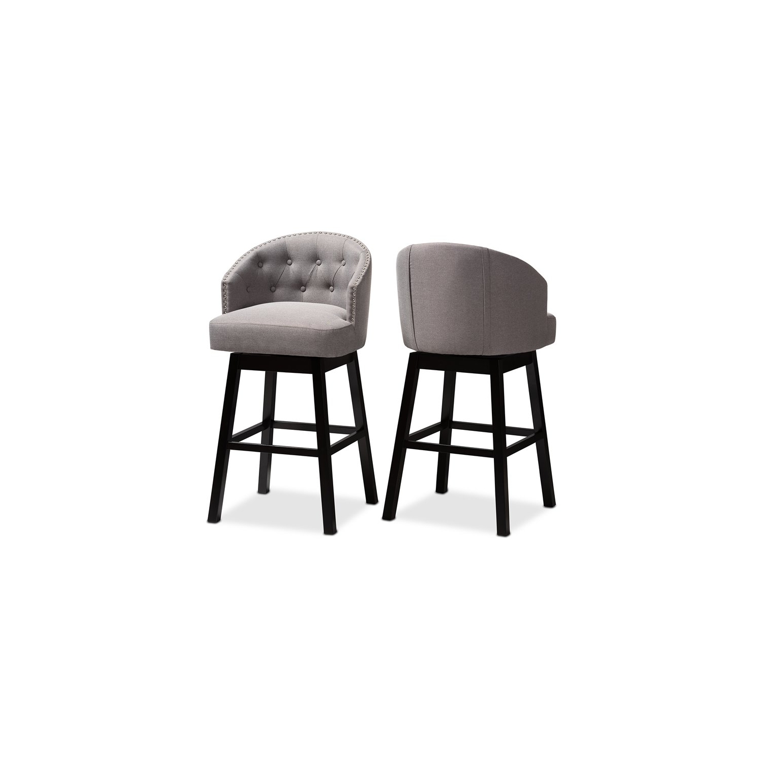 Baxton Studio Theron 30"H Upholstered Wood Swivel Bar Stool in Gray Set of 2