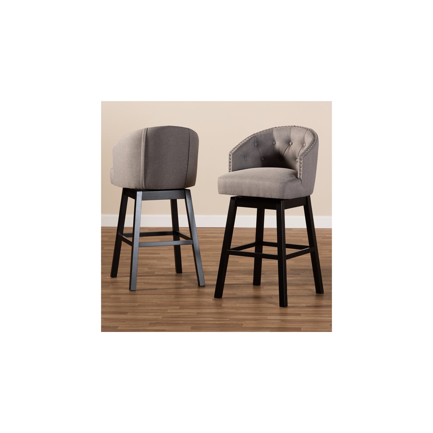 Baxton Studio Theron 30"H Upholstered Wood Swivel Bar Stool in Gray Set of 2