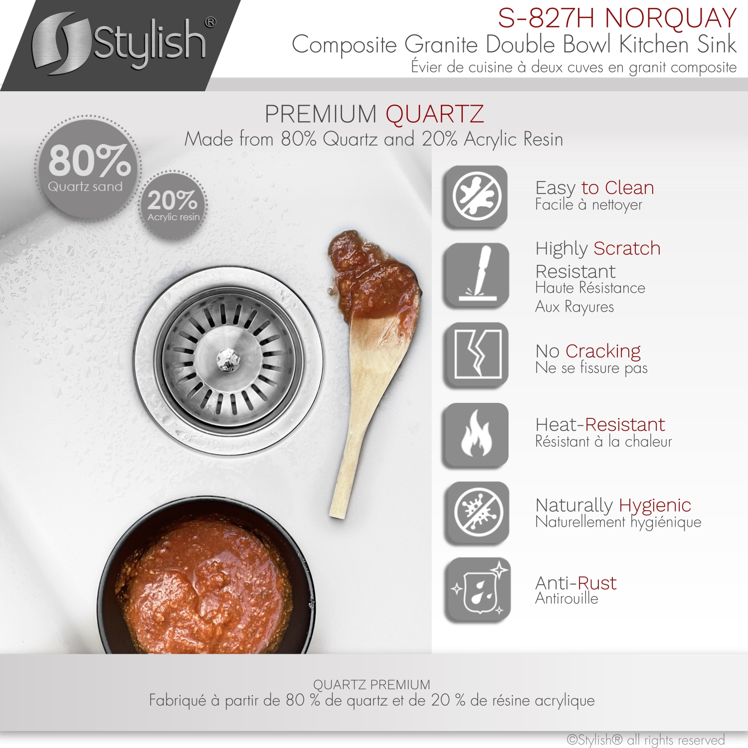 ÉLÉGANT évier de cuisine en granite composite à double monture de 27 po, 60/40 L, blanc, S-827H