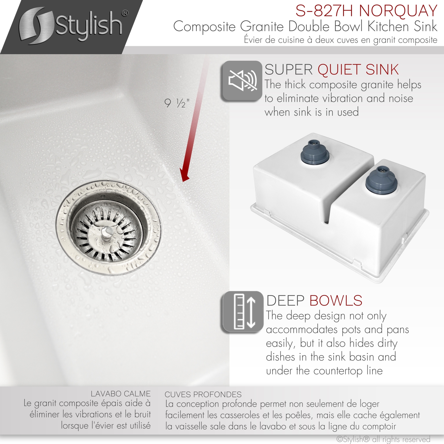 ÉLÉGANT évier de cuisine en granite composite à double monture de 27 po, 60/40 L, blanc, S-827H