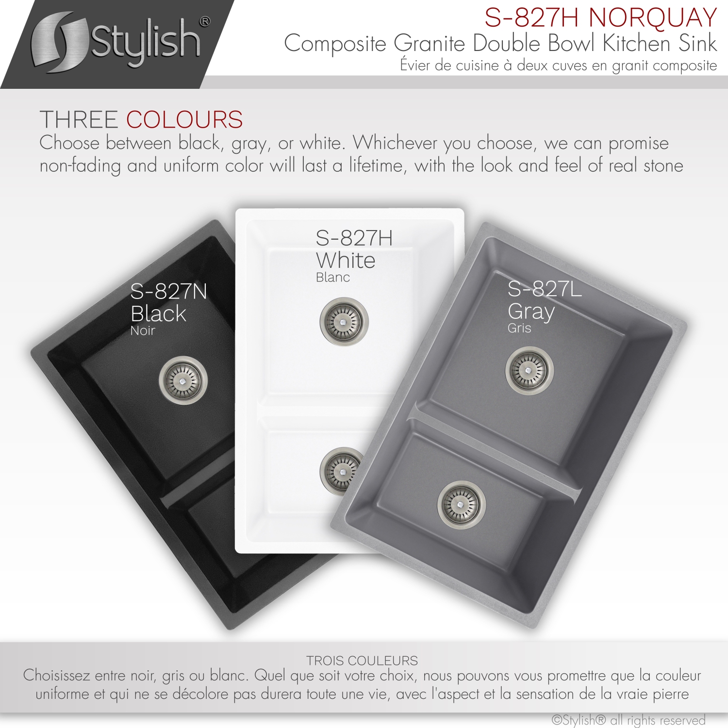 ÉLÉGANT évier de cuisine en granite composite à double monture de 27 po, 60/40 L, blanc, S-827H