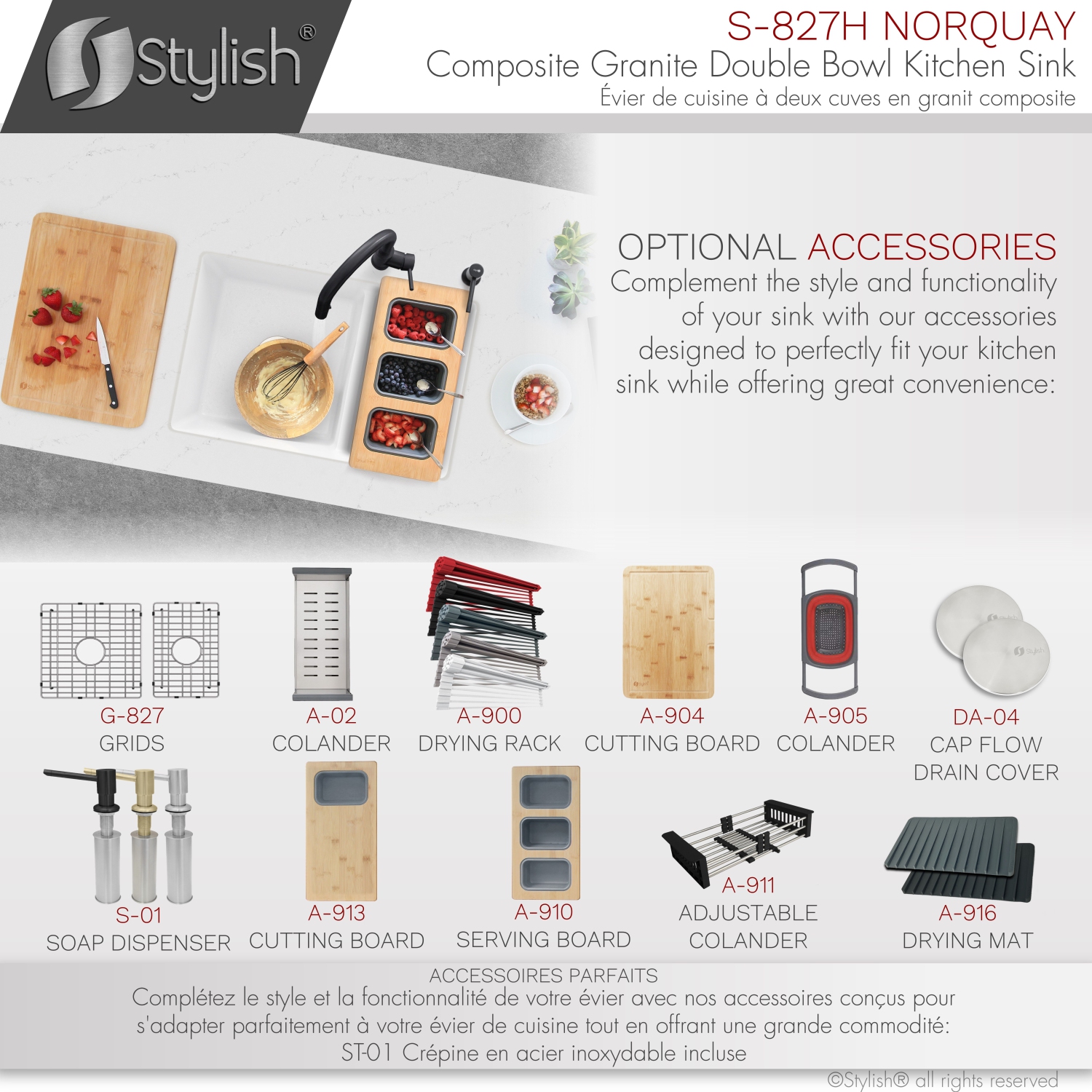 ÉLÉGANT évier de cuisine en granite composite à double monture de 27 po, 60/40 L, blanc, S-827H