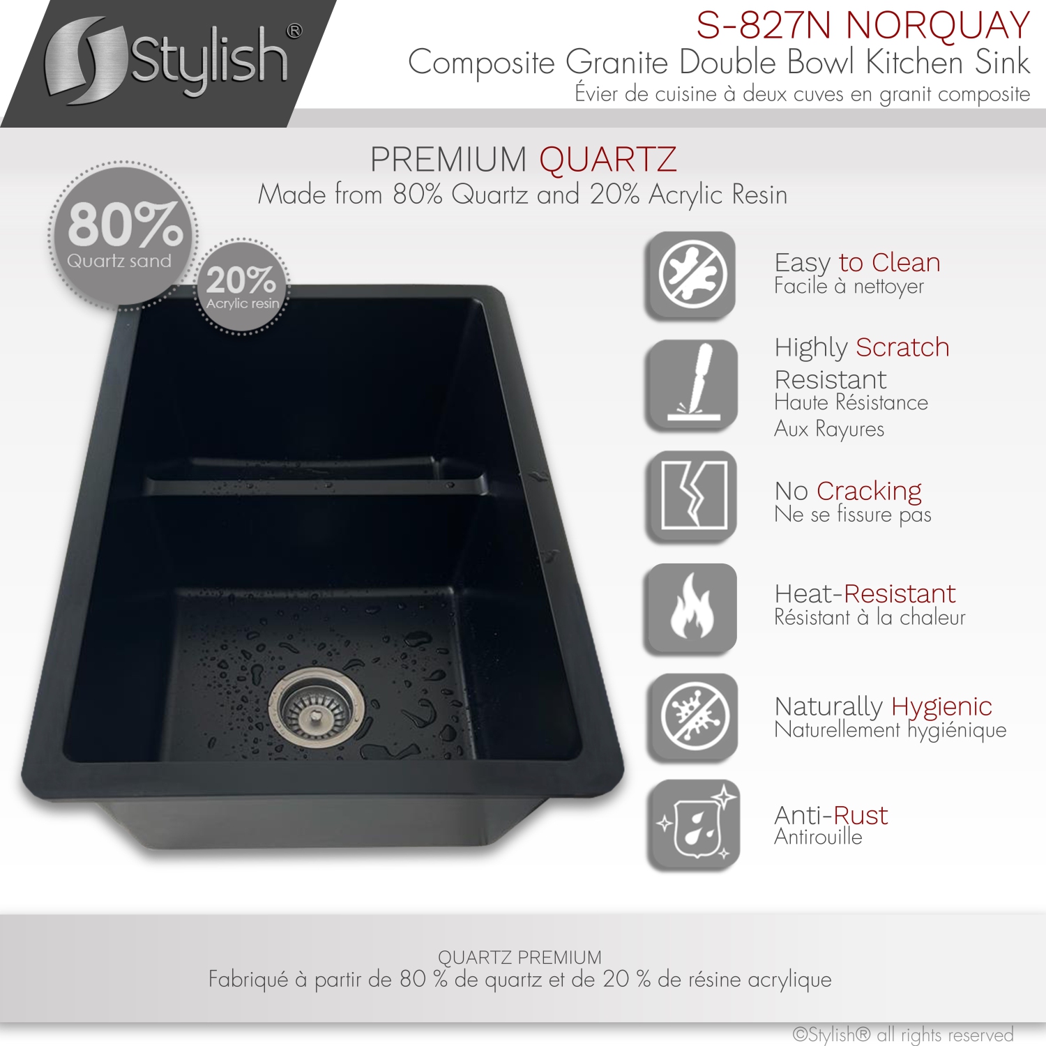 STYLISH 27 inch Double Bowl 60/40 Dual Mount Composite Granite Kitchen Sink Black S-827N
