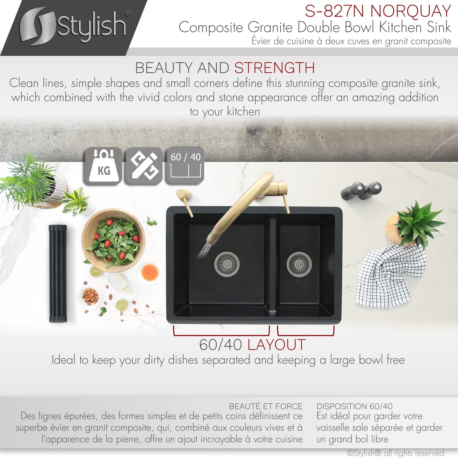 STYLISH 27 inch Double Bowl 60/40 Dual Mount Composite Granite Kitchen Sink Black S-827N