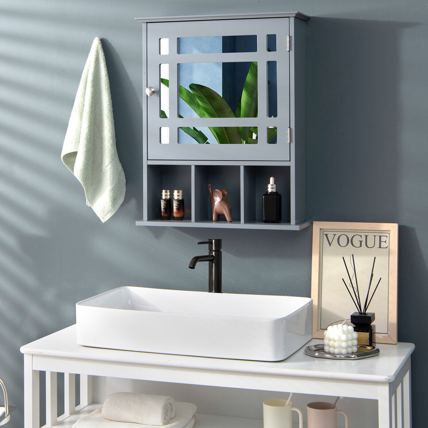 Armoire à pharmacie avec porte miroir Gymax, rangement mural pour salle de bain avec étagère réglable