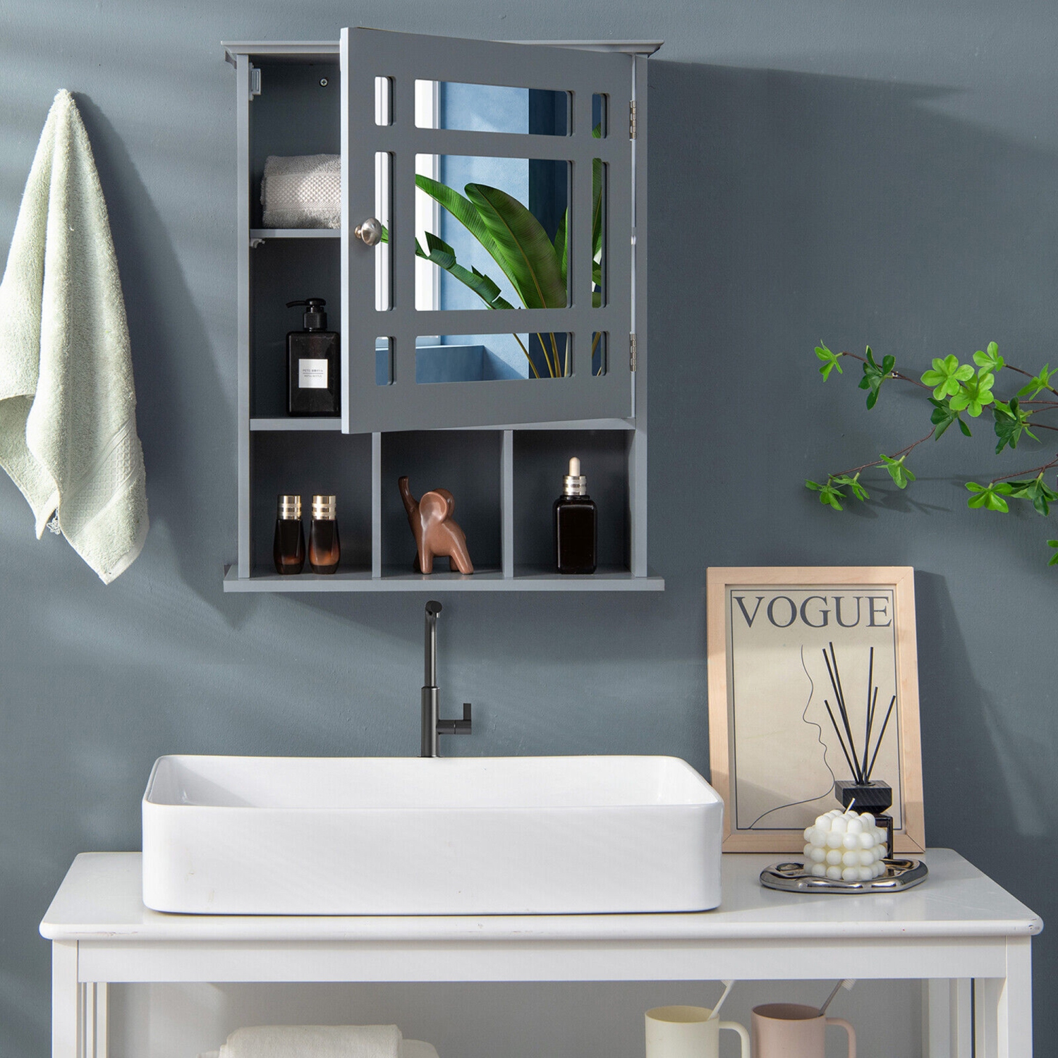 Armoire à pharmacie avec porte miroir Gymax, rangement mural pour salle de bain avec étagère réglable