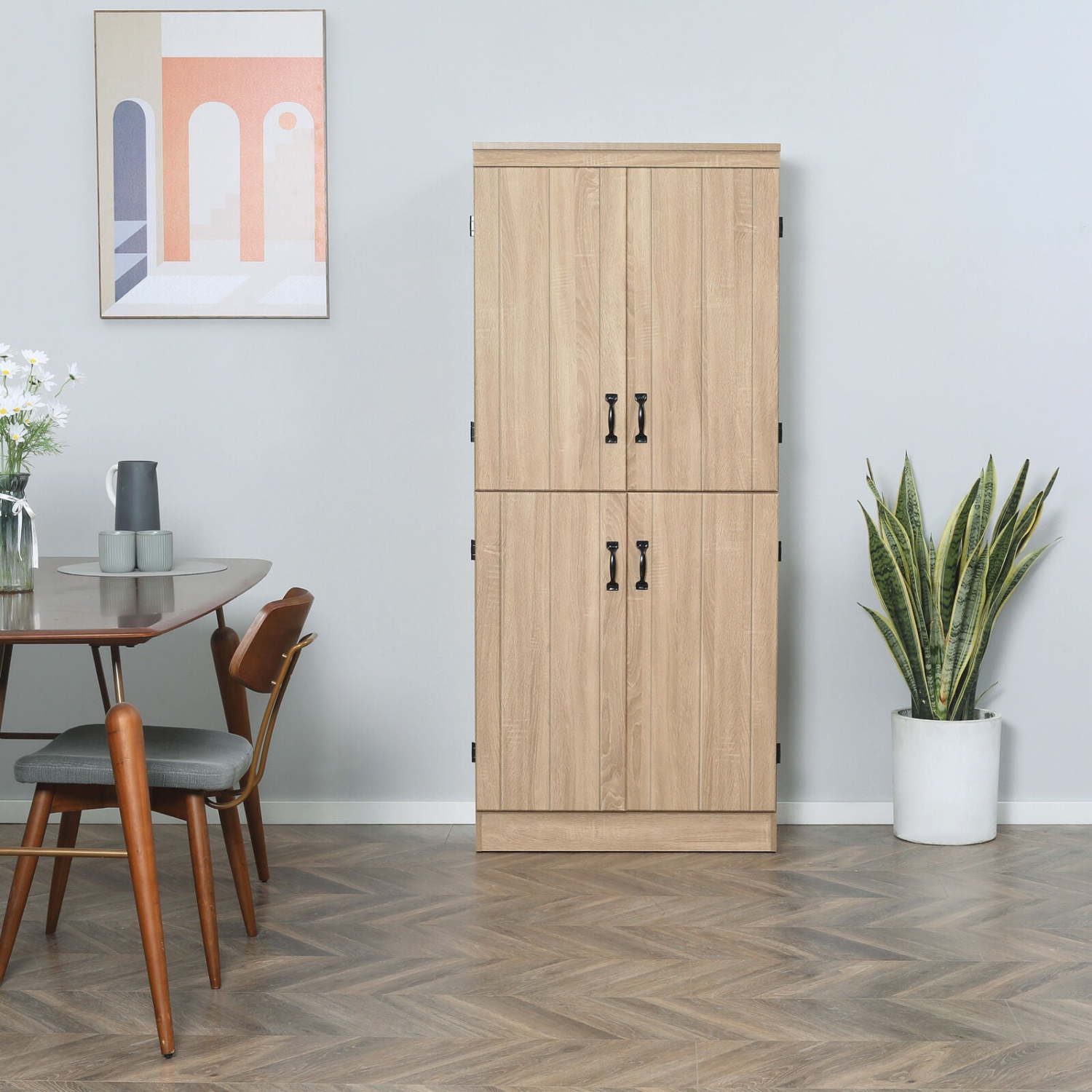 Armoire de rangement autonome à 4 portes de 70 po avec tablettes à 6 niveaux, naturel