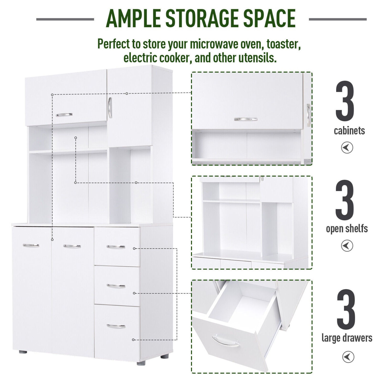 HOMCOM 66" Kitchen Storage Cabinet Microwave Oven Stand Pantry w/3 Drawers,White