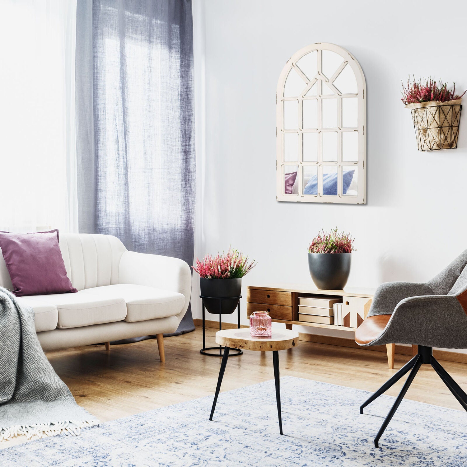 HOMCOM 43x27.5 inch Wall Mirror, Arch Window Mirror for Bedroom, Rustic White