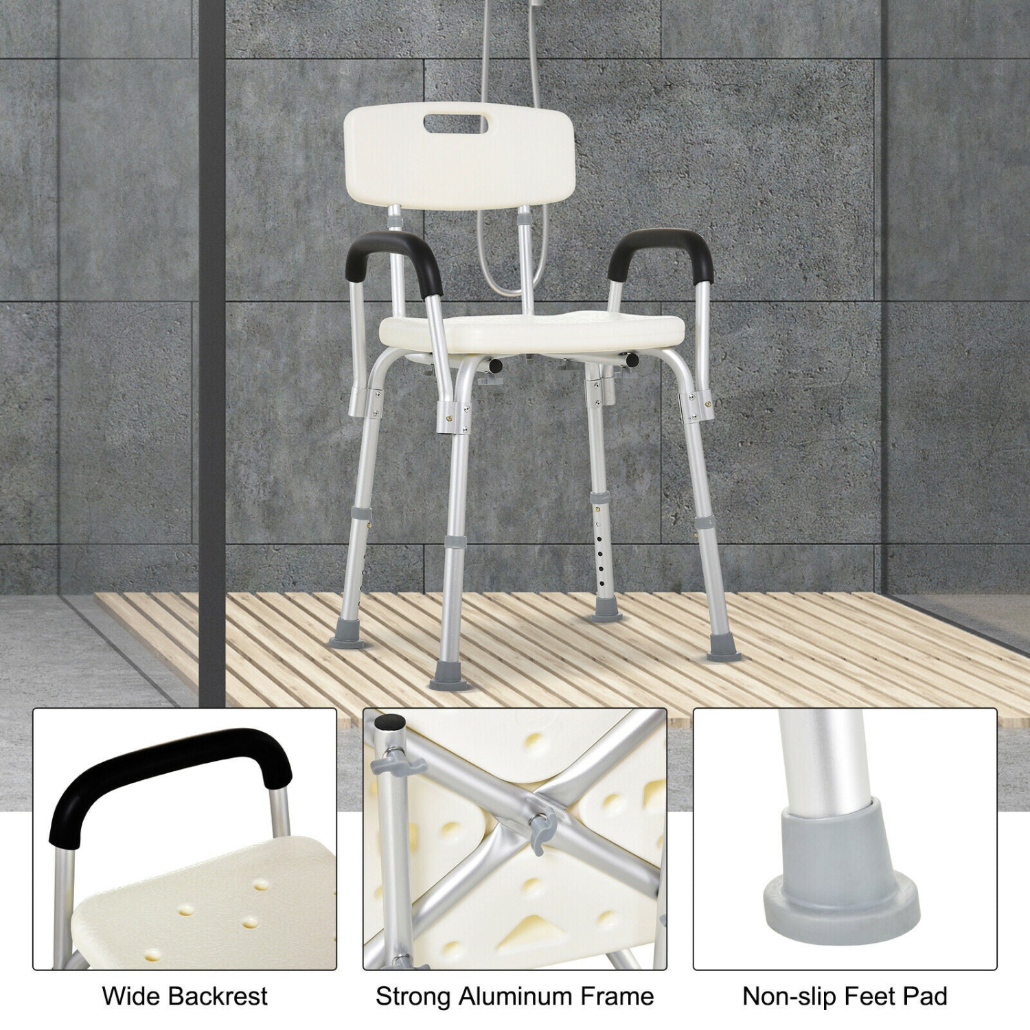 Adjustable Medical Shower Chair Quick Release Bathtub w/ Arm Backrest