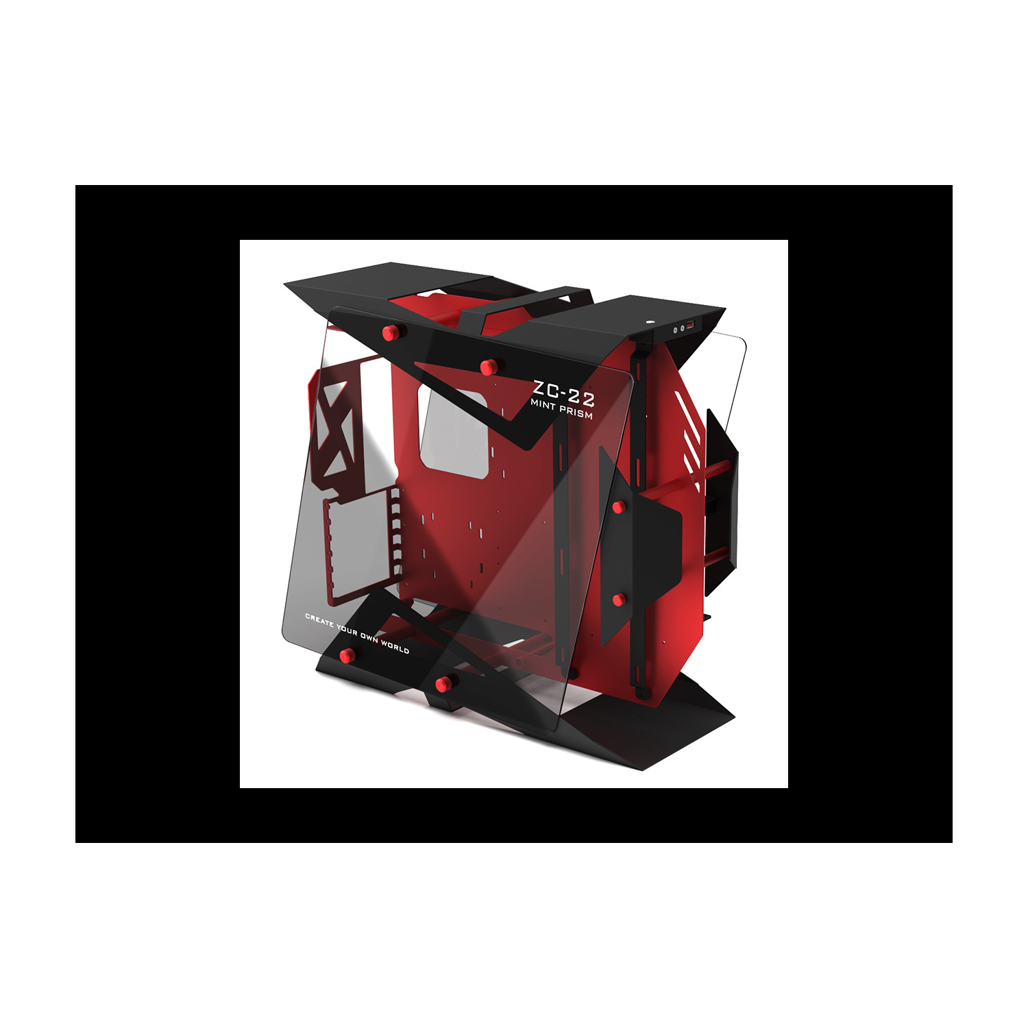 H.E. ZC-22 Mint Prism Tempered Glass Computer Case Support 360mm Radiator Support M-ATX Motherboard USB3.0 -Red & Black