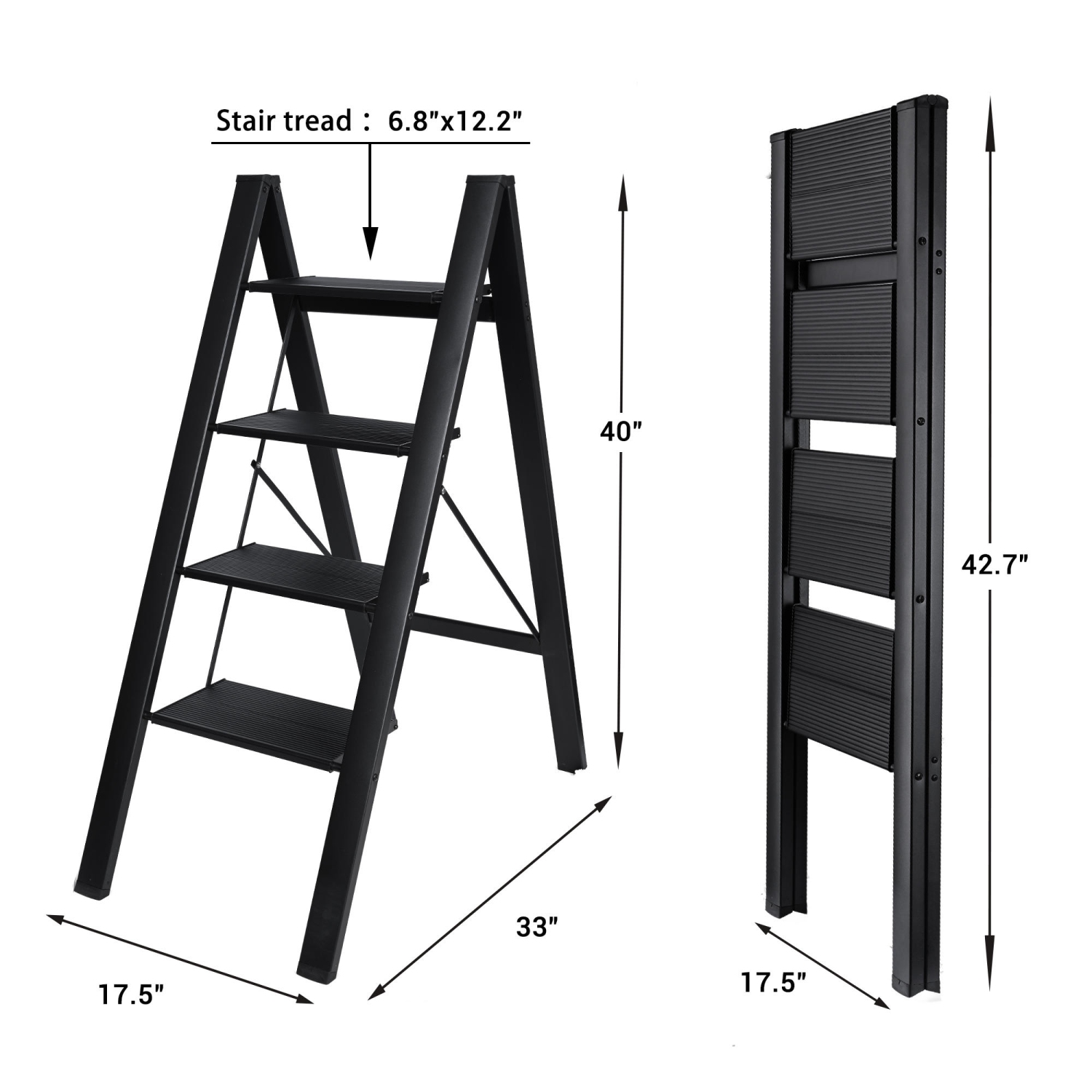 4 Step 17.32 inch Foldable Ladder, Lightweight Folding Aluminum Step Stool 330lbs Capacity for Home Kitchen Office Garden Household - Yardlab