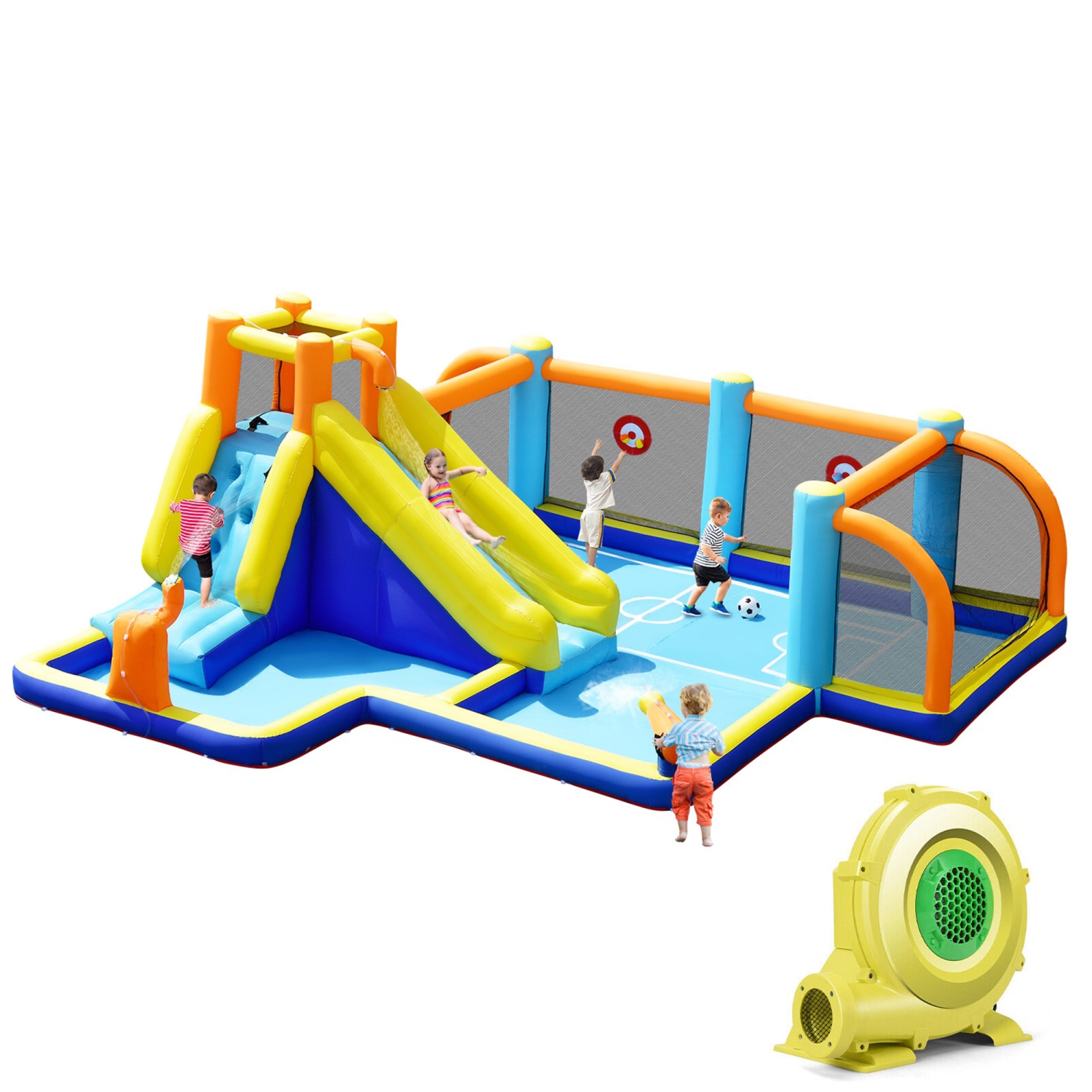 Toboggan Aquatique Gonflable de Marque Gymax Château Gonflable Géant 7-en-1 Utilisation Sèche ou Humide Pour Enfants Avec Gonfleur de 735 W