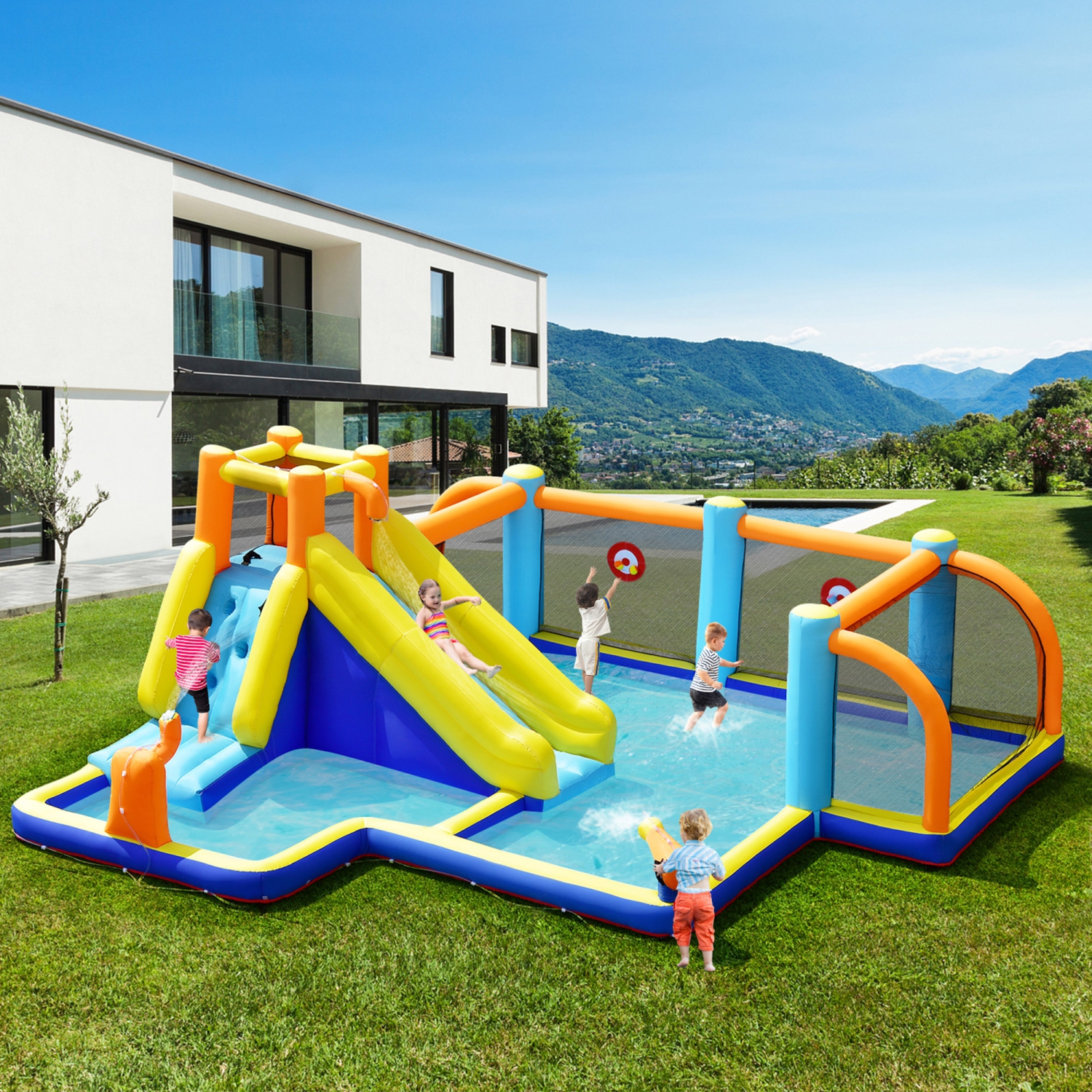 Toboggan Aquatique Gonflable de Marque Gymax Château Gonflable Géant 7-en-1 Utilisation Sèche ou Humide Pour Enfants Avec Gonfleur de 735 W