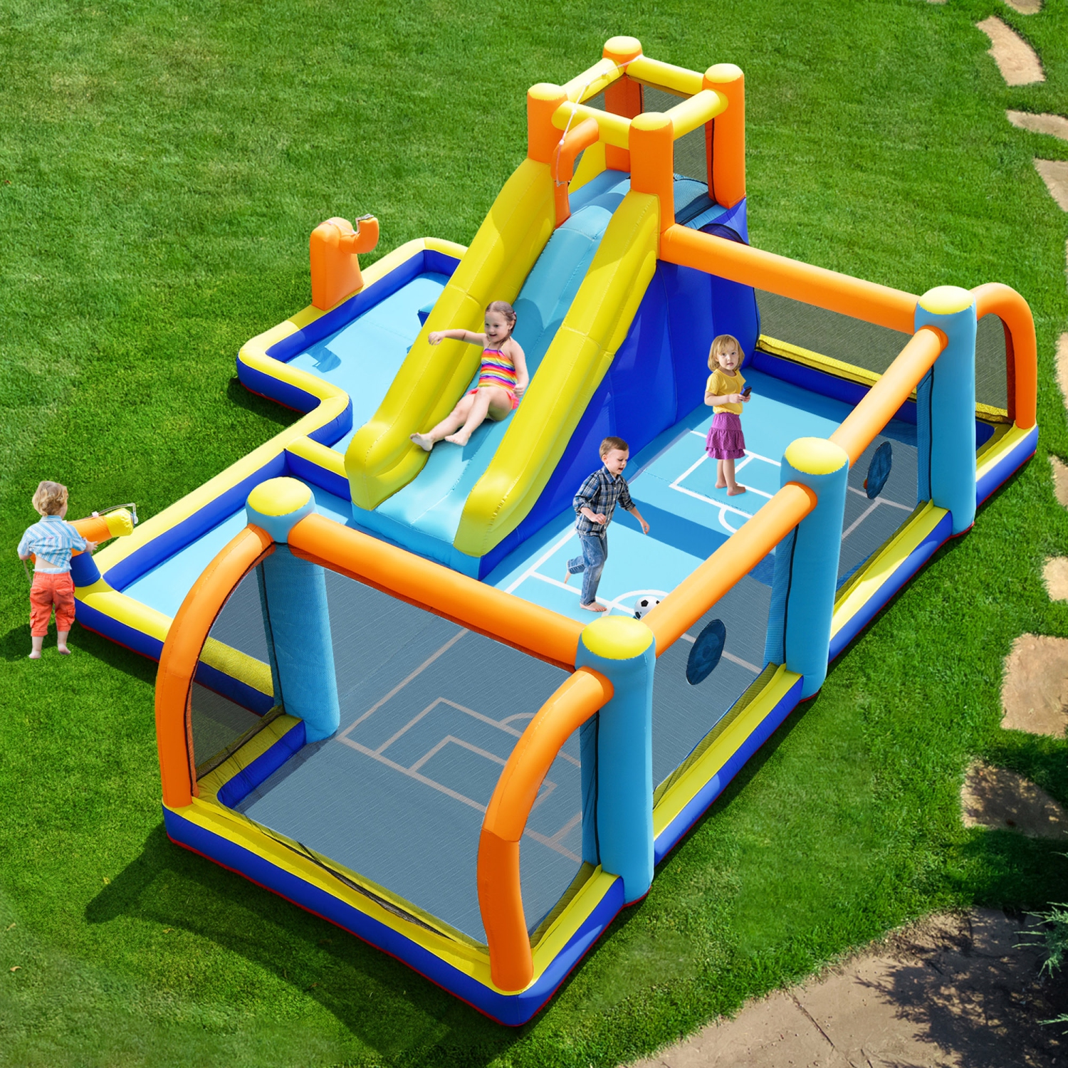 Toboggan Aquatique Gonflable de Marque Gymax Château Gonflable Géant 7-en-1 Utilisation Sèche ou Humide Pour Enfants Avec Gonfleur de 735 W