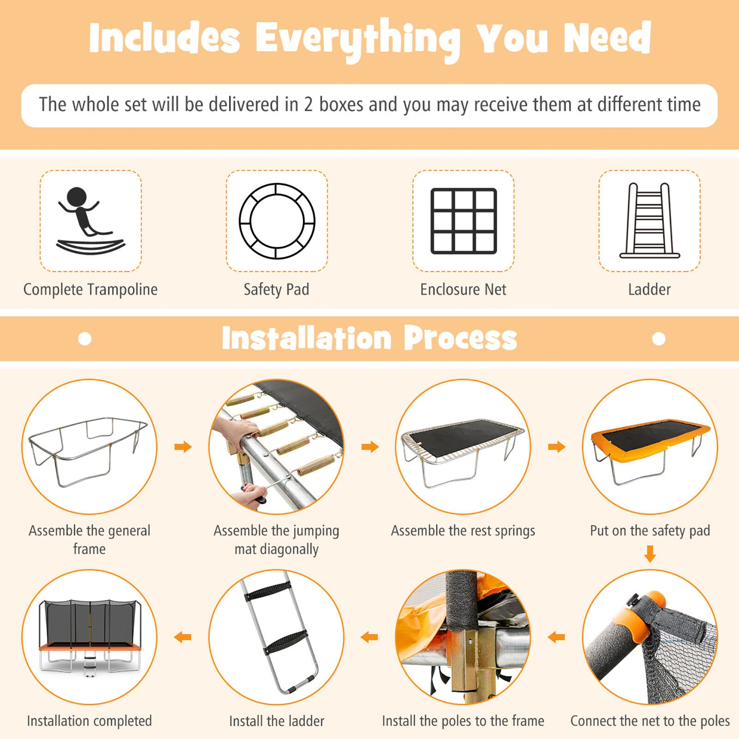 Gymax 8 x 14 FT Rectangular Recreational Trampoline W/ Safety Enclosure Net Ladder Outdoor