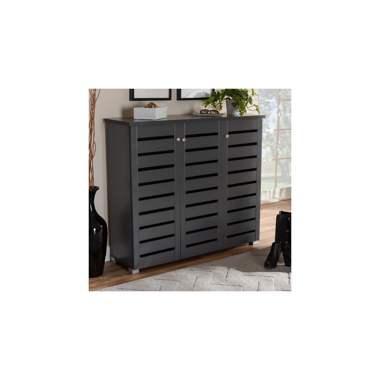 Bowery Hill 3-Door Wood Entryway Shoe Cabinet in Dark Gray